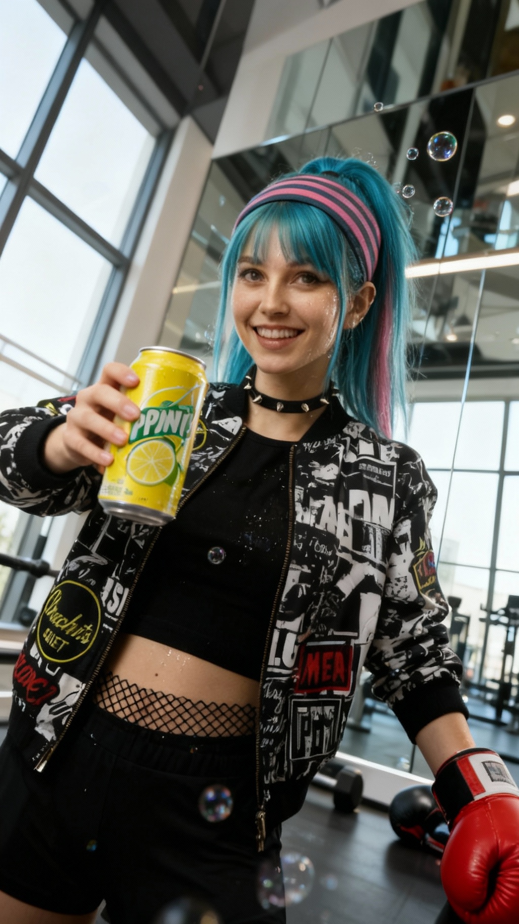 Storyboard 6: Back in bright gym, lowering soda can with triumphant smile, subtle bubble effects lingering, mirror reflections adding depth
