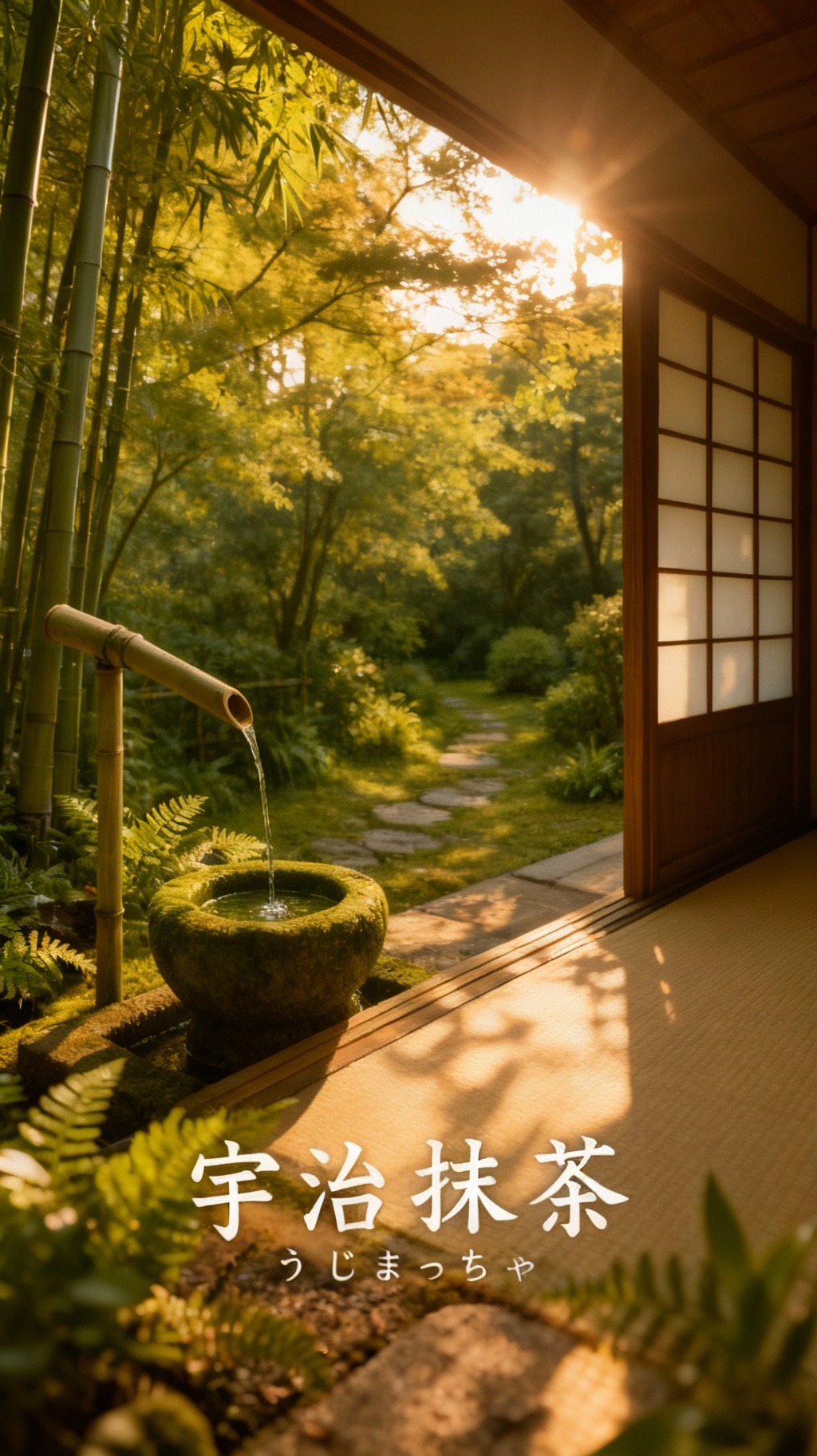 Storyboard 1: Gentle camera movement revealing the serene Japanese courtyard at golden hour, soft morning light filtering through bamboo leaves, peaceful