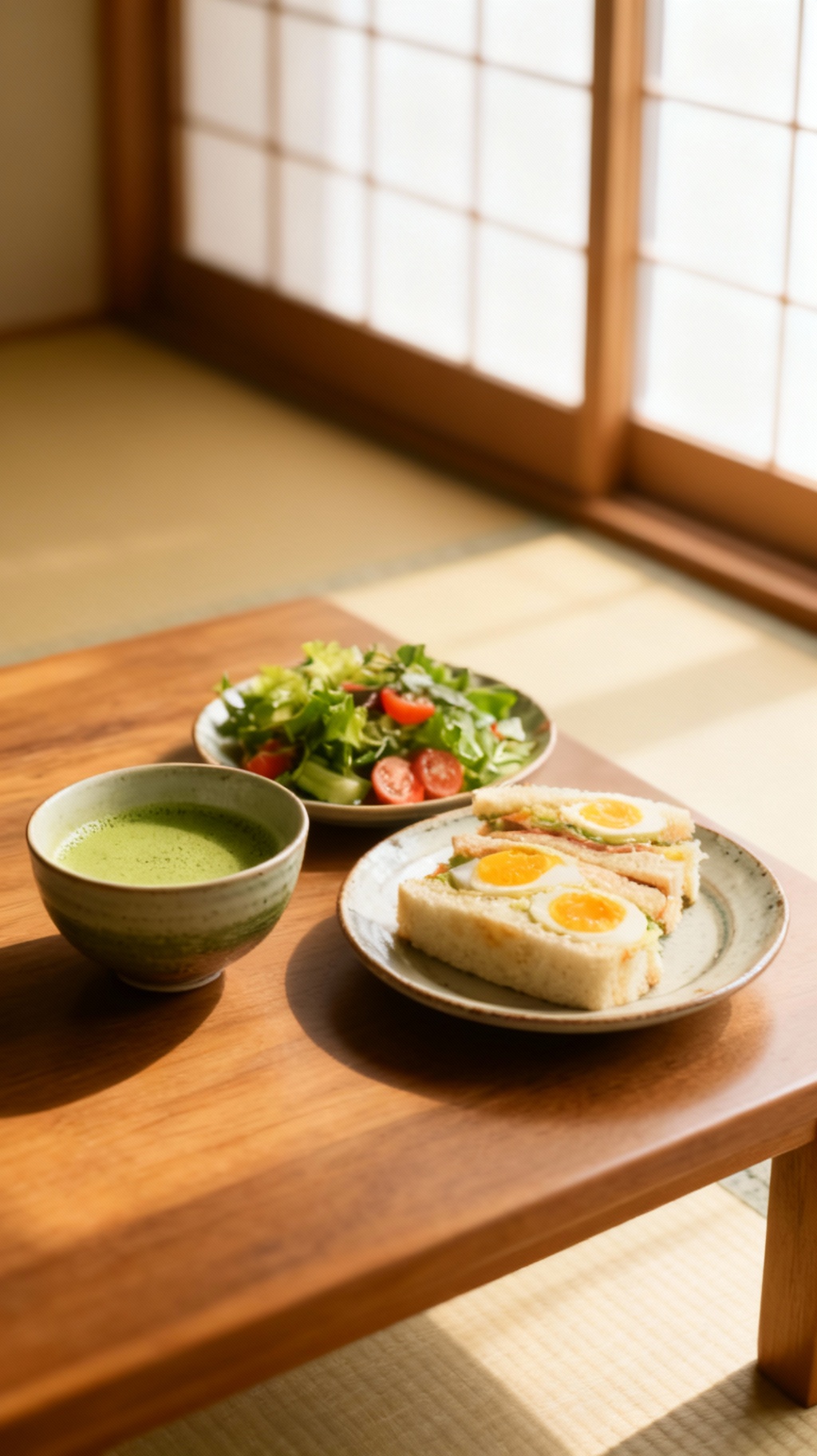 Storyboard 3: Smooth reveal of the complete healthy breakfast spread on wooden table, camera gently panning across vibrant matcha, colorful salad, and egg