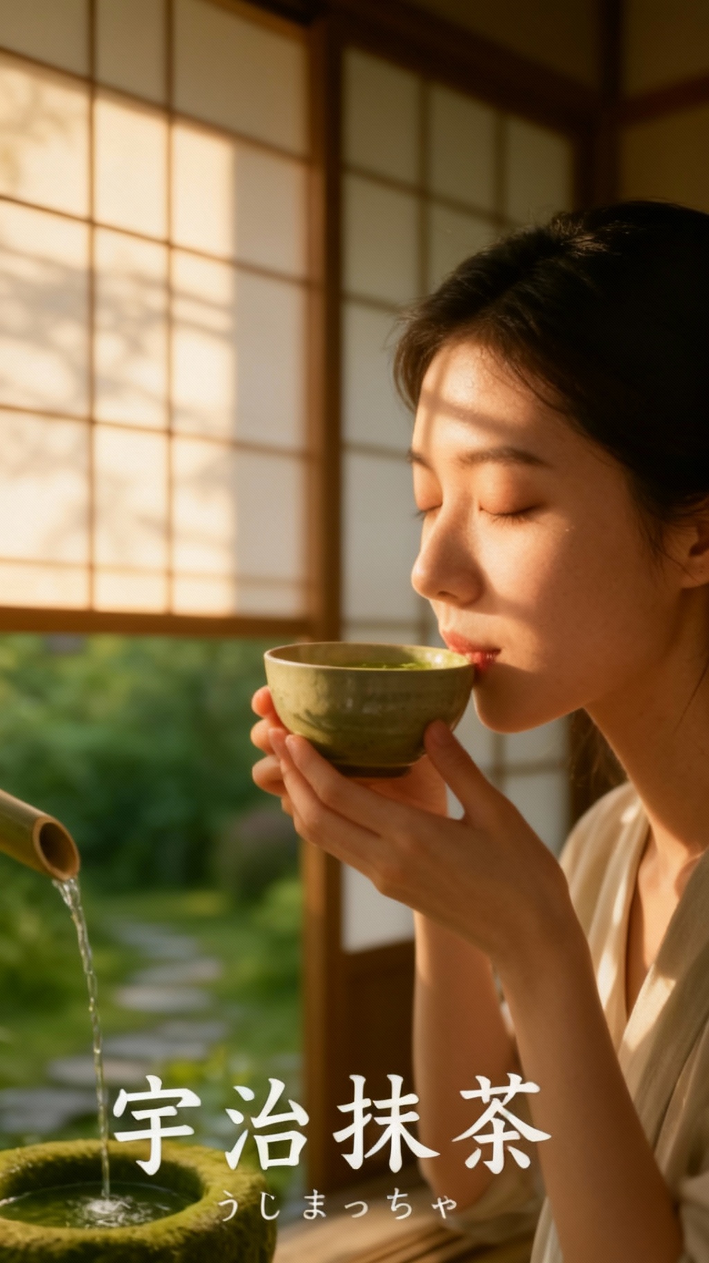 Storyboard 4: Intimate moment of peaceful appreciation, woman bringing matcha bowl closer to lips, eyes closed in serene contentment, soft morning light c