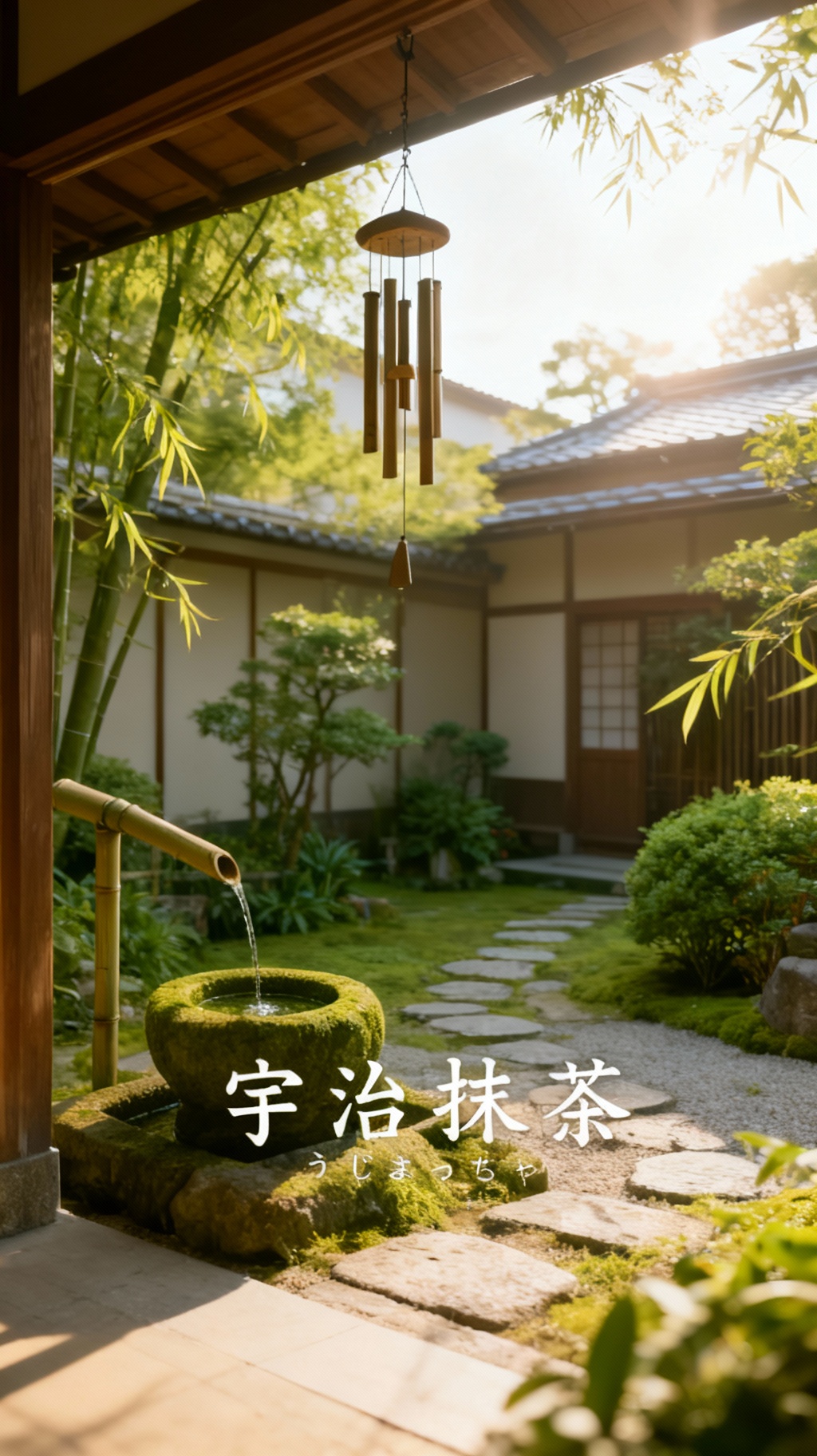 Storyboard 6: Final serene moment with wind chime gently swaying, morning light streaming through traditional architecture, perfect peaceful atmosphere as