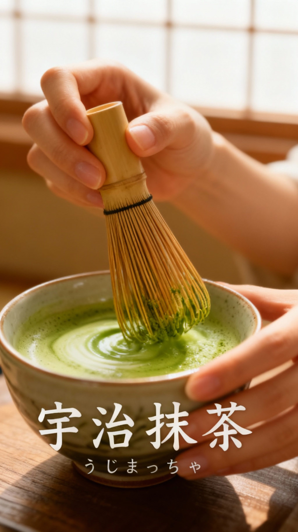 Storyboard 2: Close-up focus on elegant hands whisking matcha powder, bamboo whisk creating smooth circular motions, powder transforming into vibrant gree