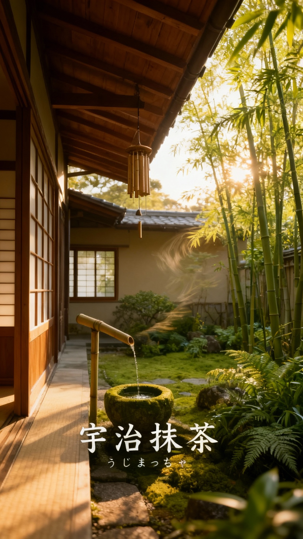 Storyboard 5: Gentle breeze moving through the garden, bamboo leaves swaying softly, wind chime beginning to move, creating natural harmony and peaceful m