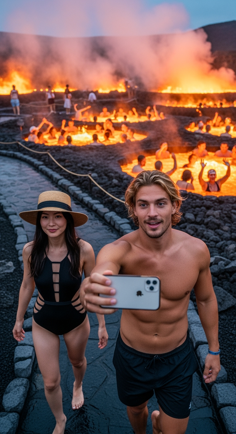 Storyboard 3: Couple walks while man holds iPhone for selfie vlog, other spa guests visible in background enjoying lava pools, natural walking movement wi