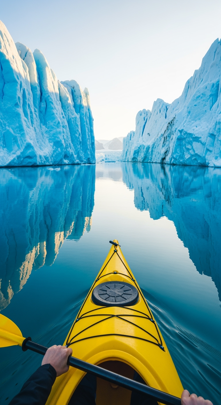 Storyboard 1: Yellow kayak gliding smoothly forward between towering glacial walls, calm water creating gentle ripples, serene approach building anticipat