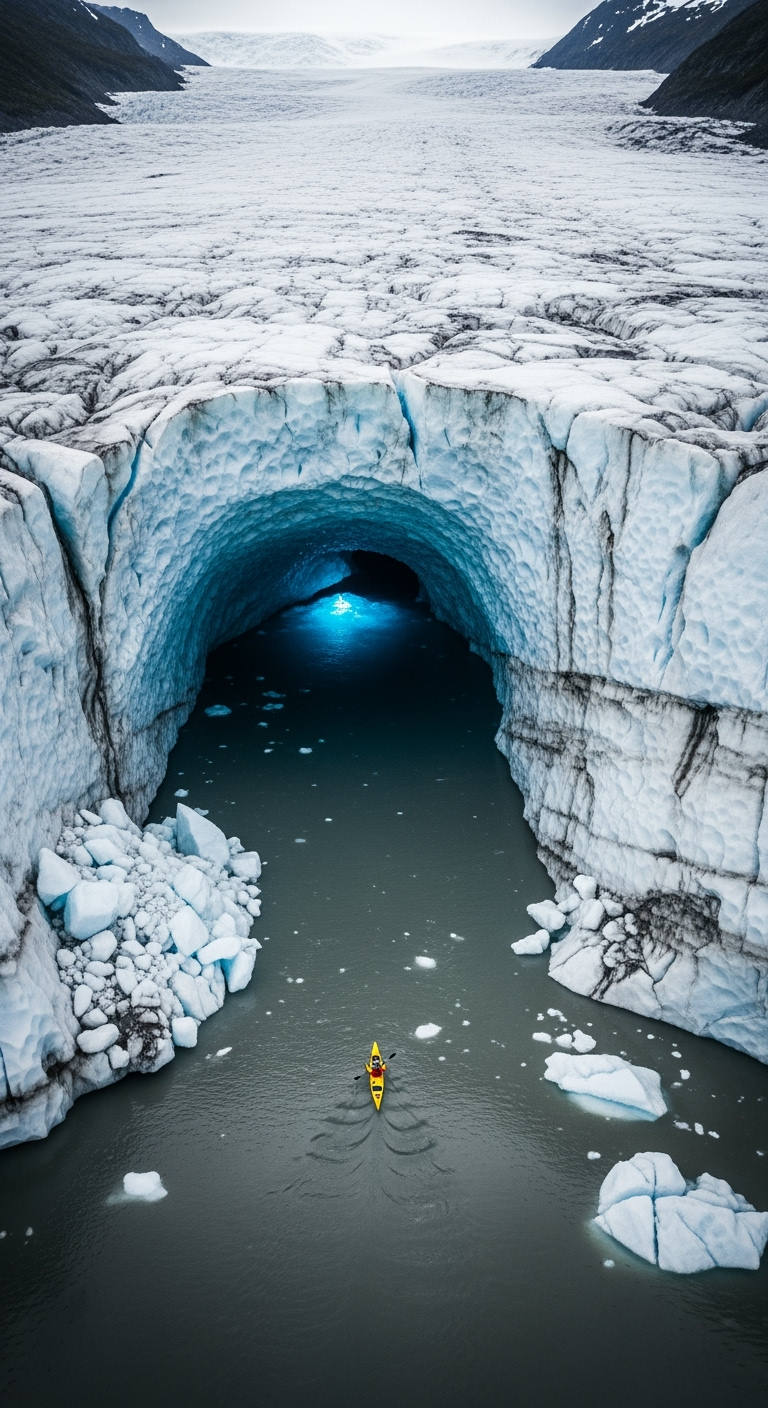 Storyboard 3: Drone camera ascending dramatically to reveal the massive ice cave entrance, yellow kayak approaching the dark opening below