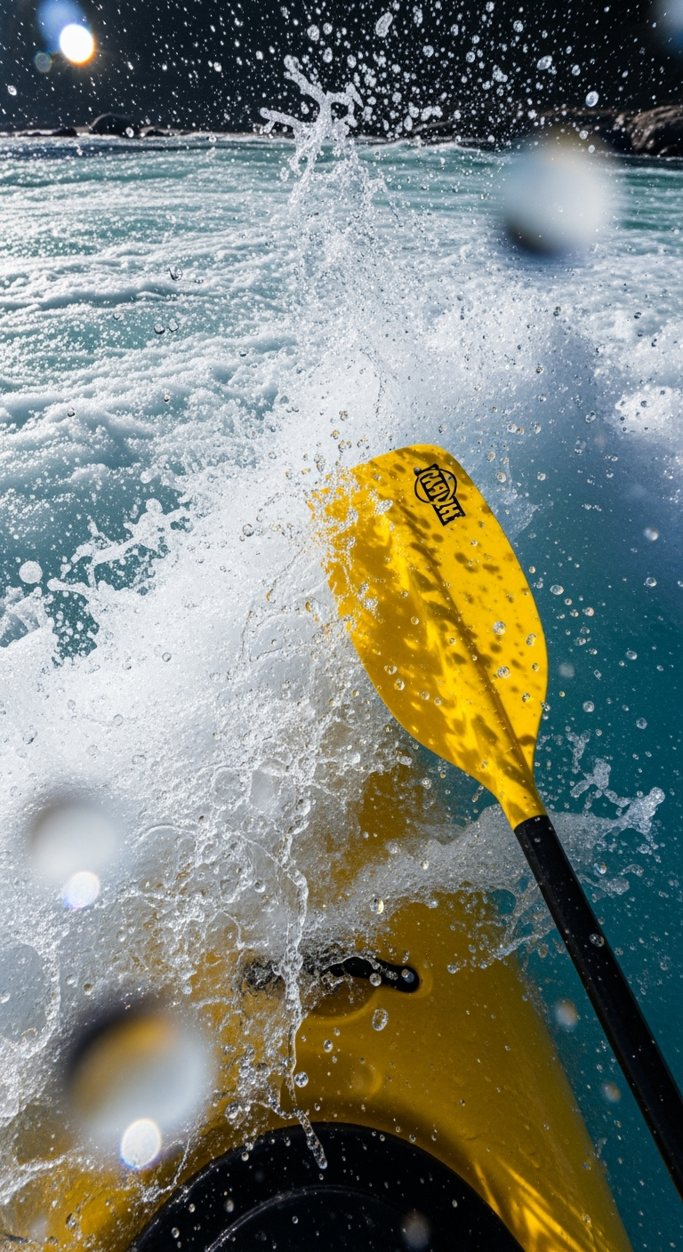 Storyboard 2: Intense paddle action cutting through churning rapids, water exploding around the kayak, droplets flying toward camera in high-energy motion