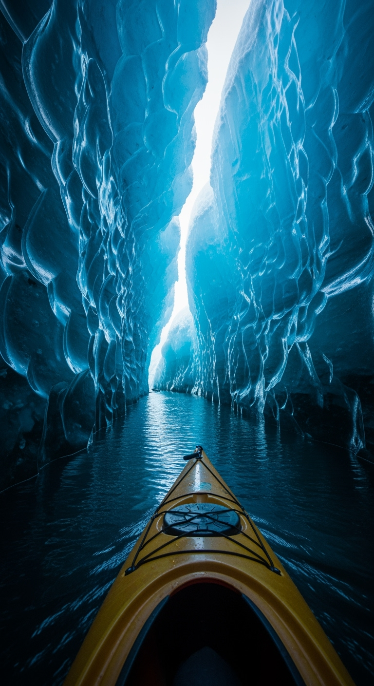 Storyboard 4: POV moving deeper into the mystical blue ice tunnel, ethereal light flickering on the walls, kayak advancing toward the bright exit