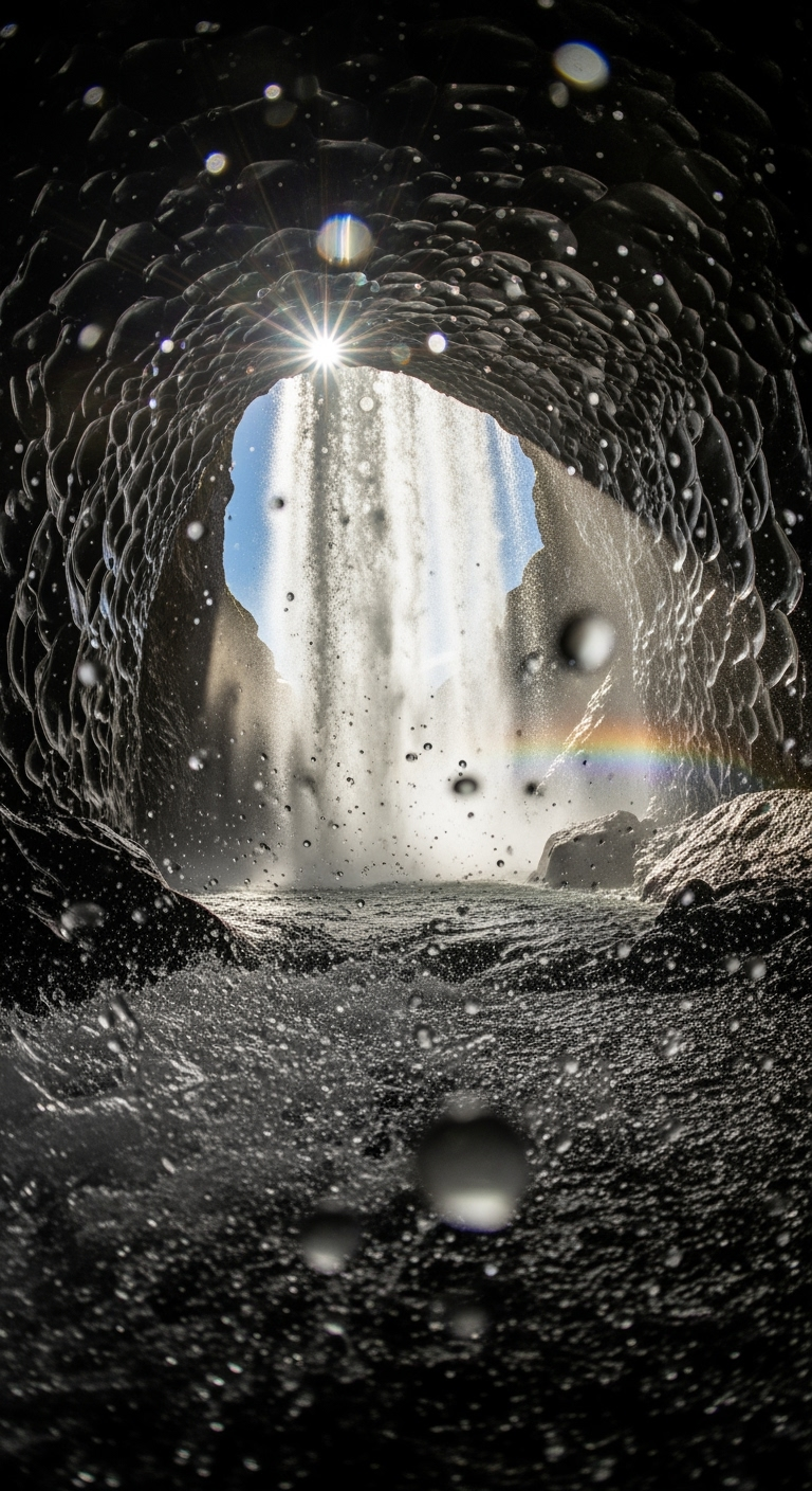 Storyboard 5: Explosive burst from dark tunnel into brilliant waterfall light, intense water spray hitting camera, dramatic exposure transition from dark