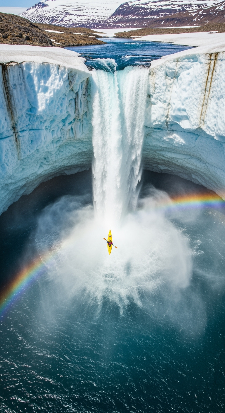 Storyboard 6: Epic aerial view of yellow kayak launching from waterfall into the massive plunge pool below, triumphant finale with rainbow mist