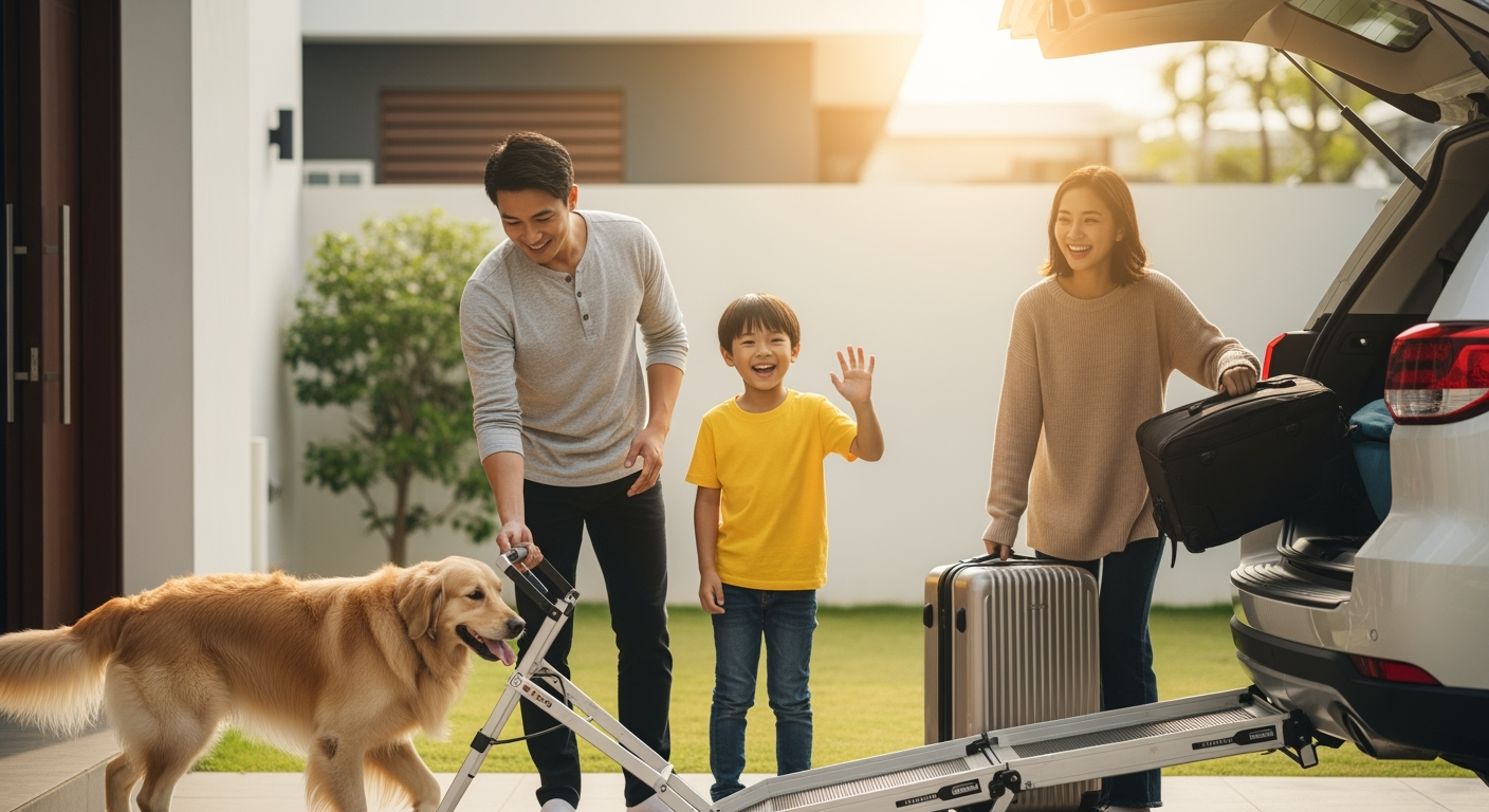 Storyboard 1: Cinematic advertising shot, morning sunlight sweeps across the scene, family members move naturally - dad unfolds ramp with smooth motion, G