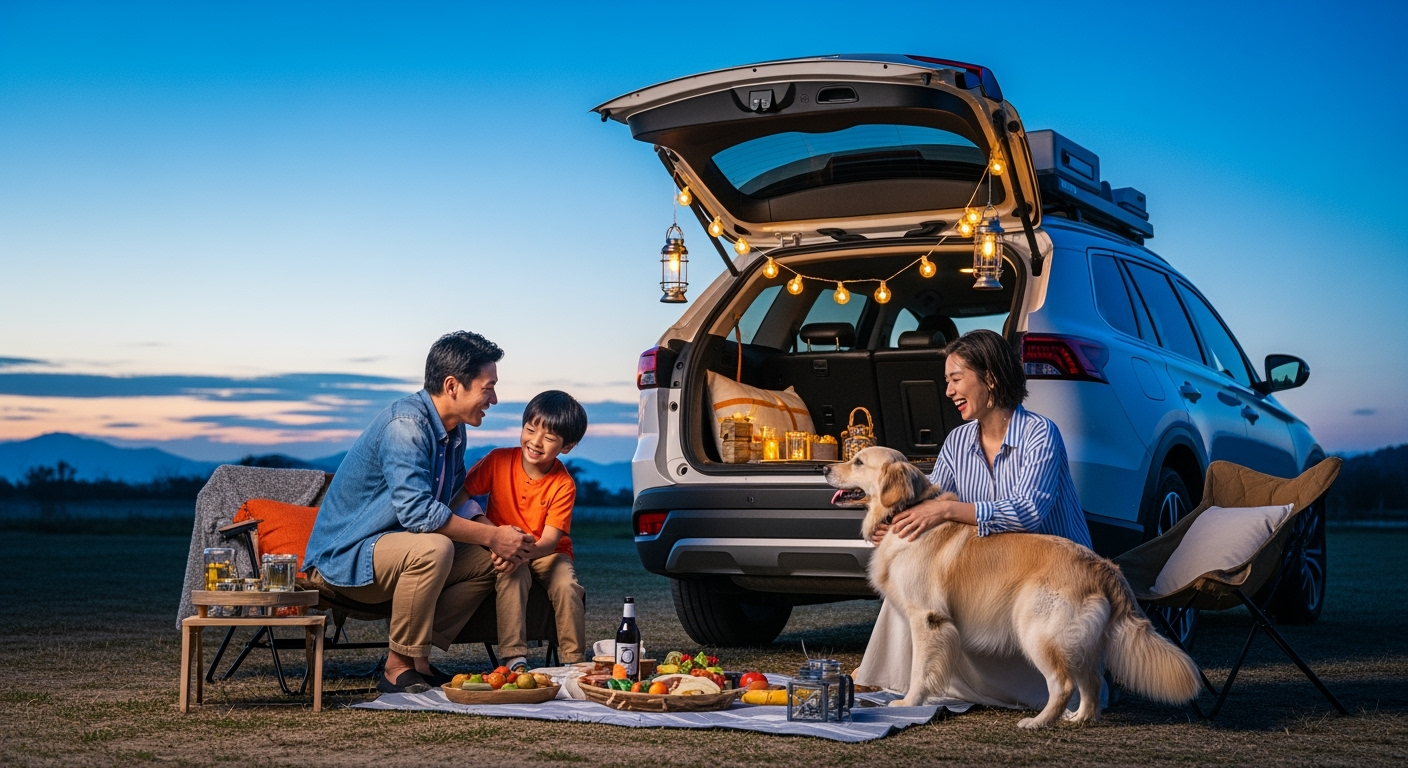 Storyboard 3: Gentle orbiting camera movement around dusk campsite, blue hour light transitions to warm string light glow, parents arrange picnic items wi
