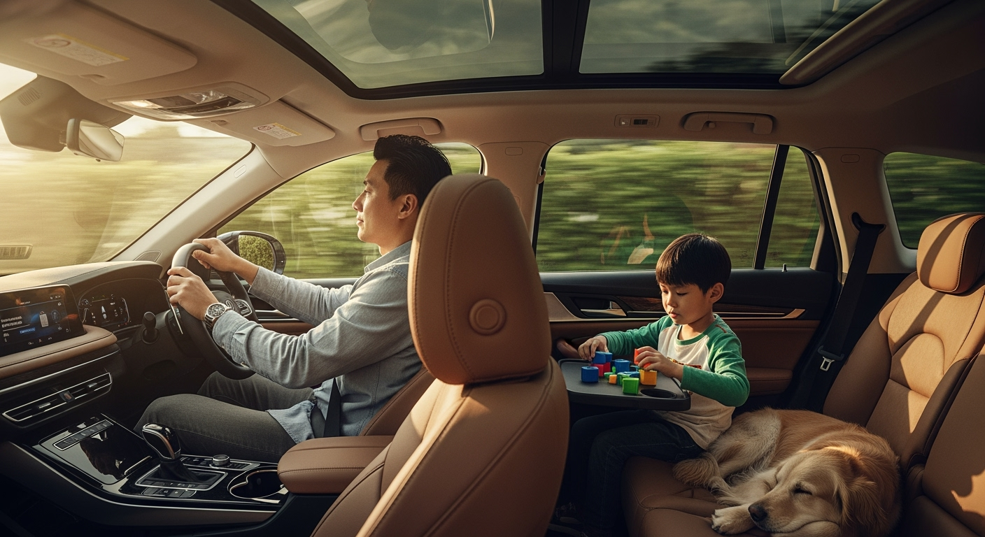 Storyboard 2: Smooth cinematic push-in through serene SUV cabin interior, warm natural light pours through panoramic glass roof creating gentle glow, chil