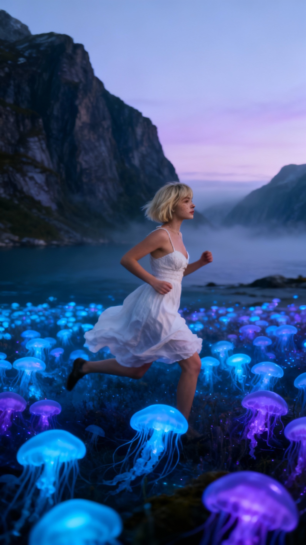 Storyboard 1: Smooth tracking shot, camera moves from left to right perfectly parallel to the running woman, maintaining constant distance. The woman runs