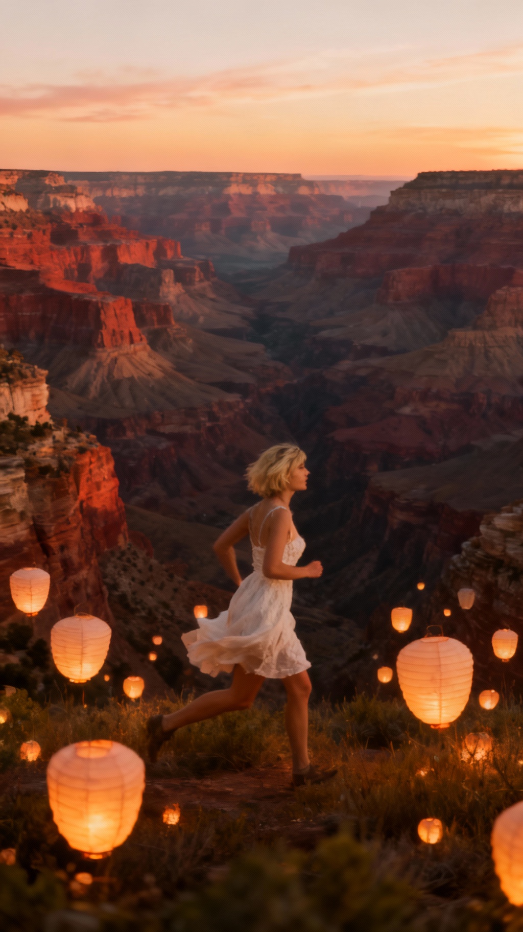 Storyboard 3: Smooth tracking shot flows onward, camera moves left to right perfectly parallel to the subject. The woman runs left to right through the fl