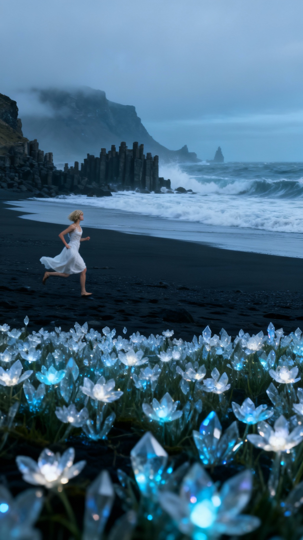 Storyboard 4: Final smooth tracking shot, camera moves left to right parallel to the runner. The woman completes her run from left to right through the cr