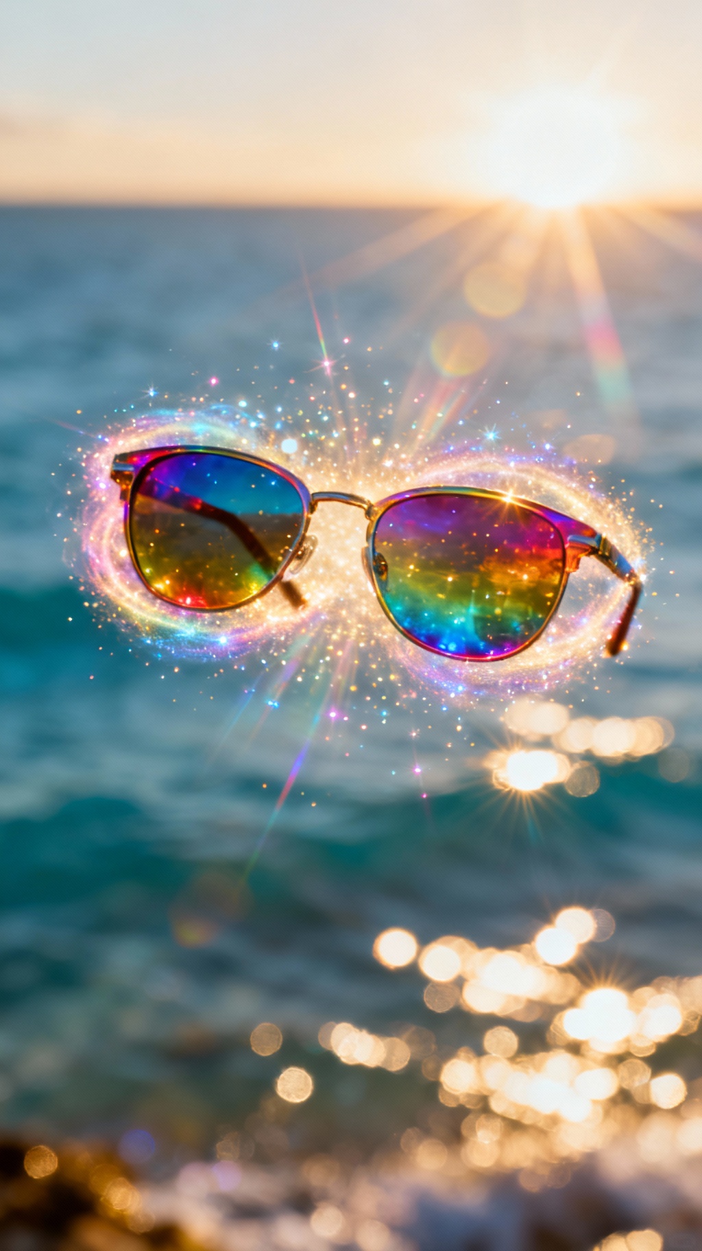 Storyboard 7: Rainbow sunglasses materialize center frame floating above sparkling azure sea, glowing ethereal halo of light particles expands outward in