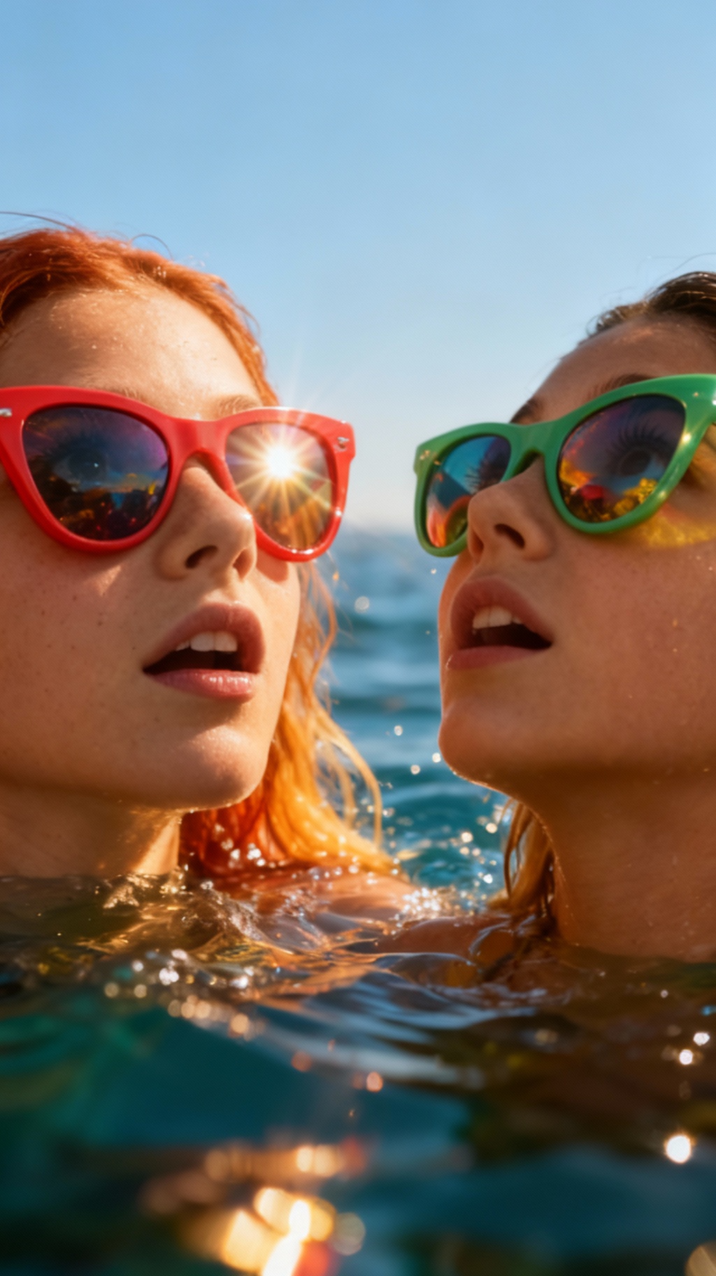 Storyboard 4: Close-up of two mermaids' sunglasses with brilliant sun flare intensifying across lenses, light bloom expanding, camera tilts upward reveali