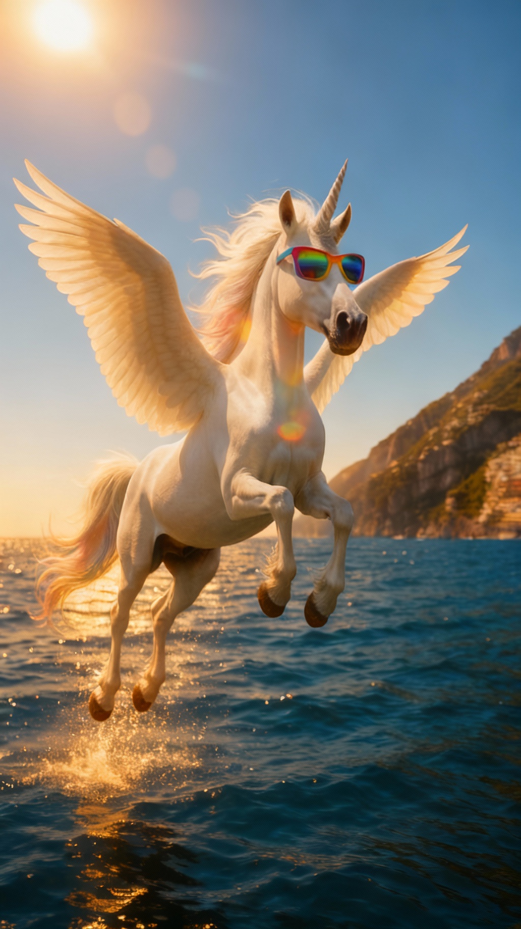 Storyboard 5: Majestic white unicorn with rainbow sunglasses and spread wings soars closer through blue sky, mane flowing, ocean visible below, magical pr