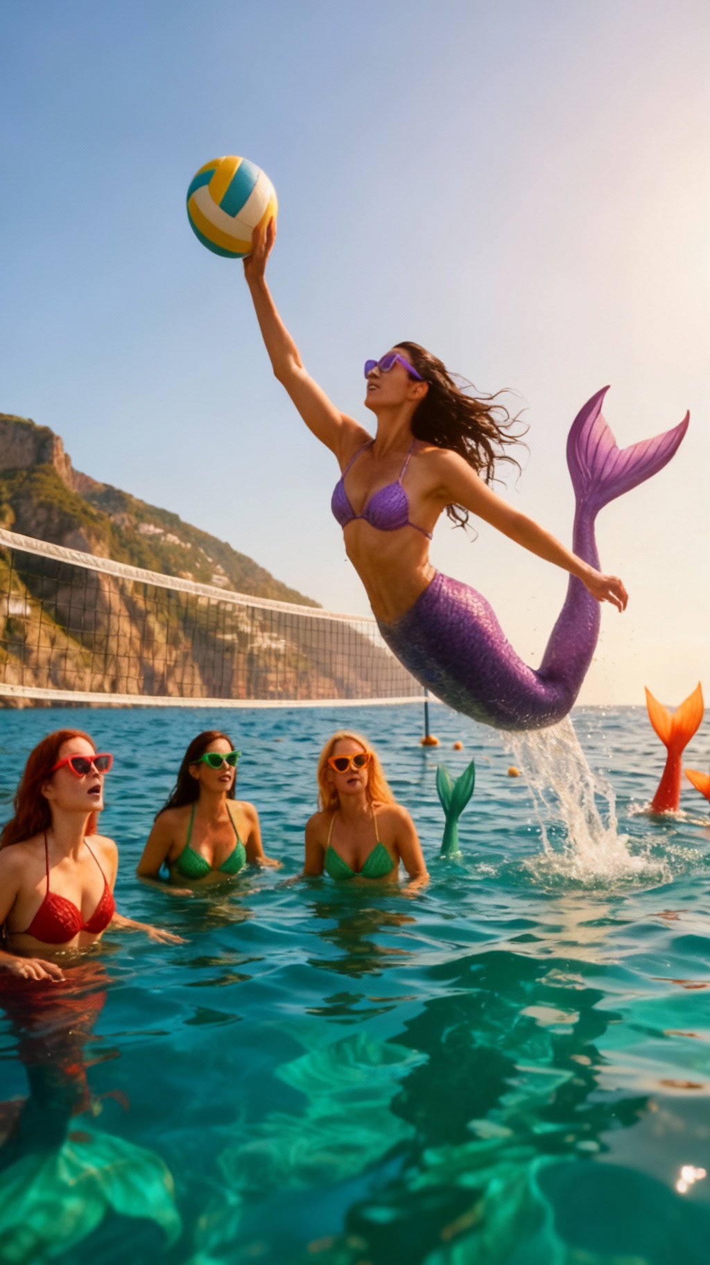 Storyboard 3: Four mermaids' faces tilt upward in unison, expressions shifting from playful to awestruck wonder, colorful sunglasses catching light, hair