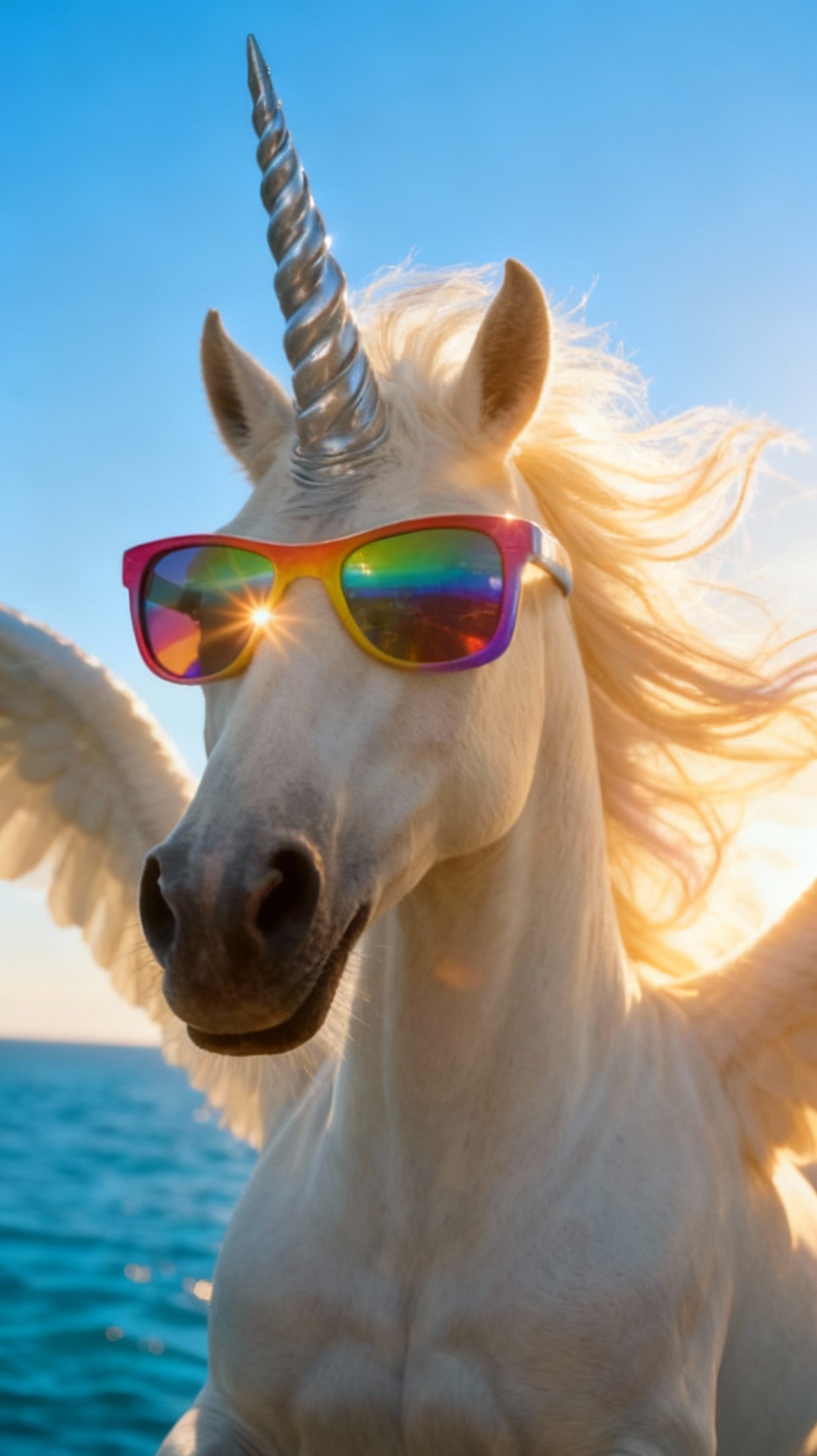 Storyboard 6: Close-up of unicorn's face and upper body, brilliant sun flare explodes across rainbow sunglasses lenses, cream mane flows dramatically in w