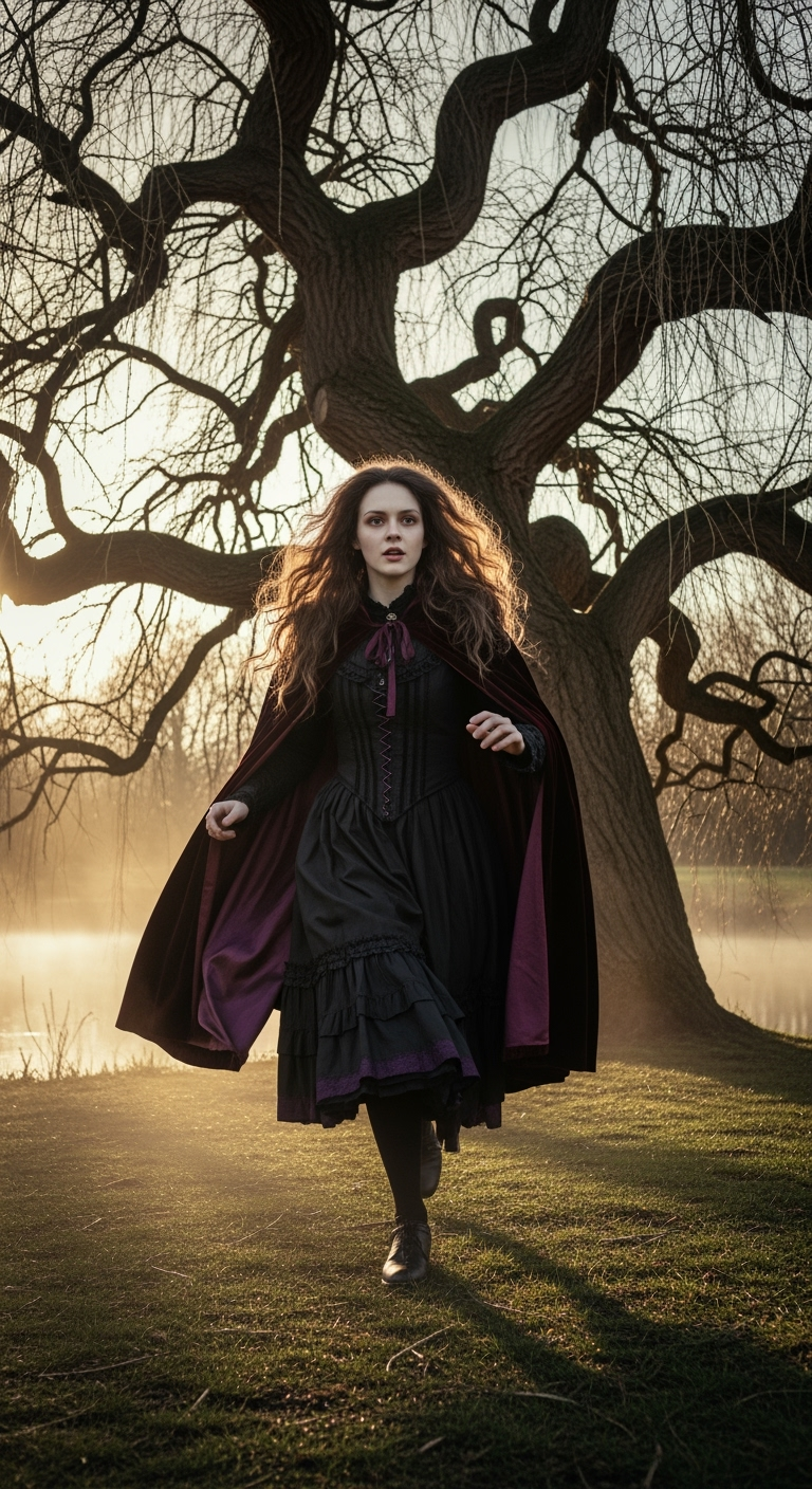 Storyboard 1: Cinematic low-angle shot: Dark Alice in Victorian gothic attire runs urgently toward the ancient willow tree, her cloak flowing, golden hour