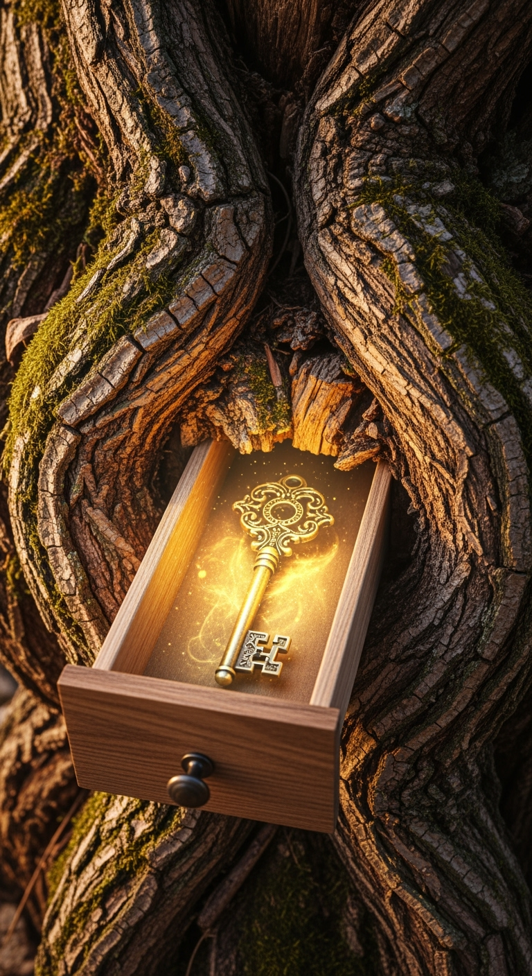 Storyboard 2: Dramatic close-up: Hidden drawer slides open mysteriously in the gnarled tree trunk, revealing the ornate glowing key, ethereal light intens