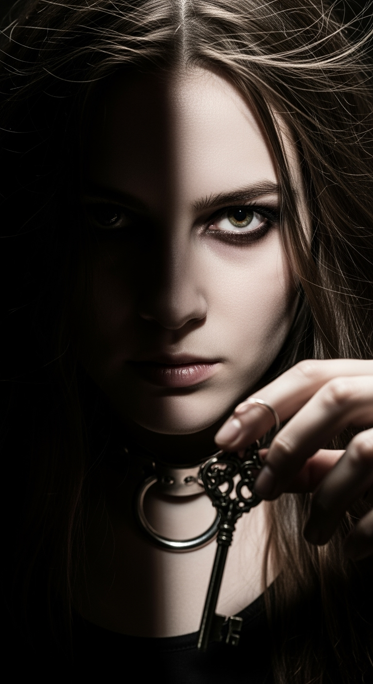 Storyboard 3: Extreme close-up: Alice's eyes flash with cold determination as she grasps the key, chilling gleam intensifying, shadows deepening across ha