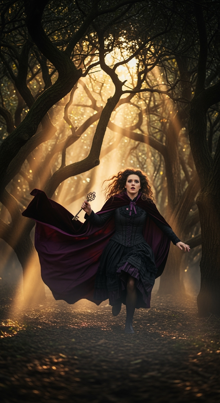 Storyboard 4: Wide tracking shot: Alice runs desperately through twisted forest clutching the key, her dark cloak billowing dramatically, warm sunlight sh
