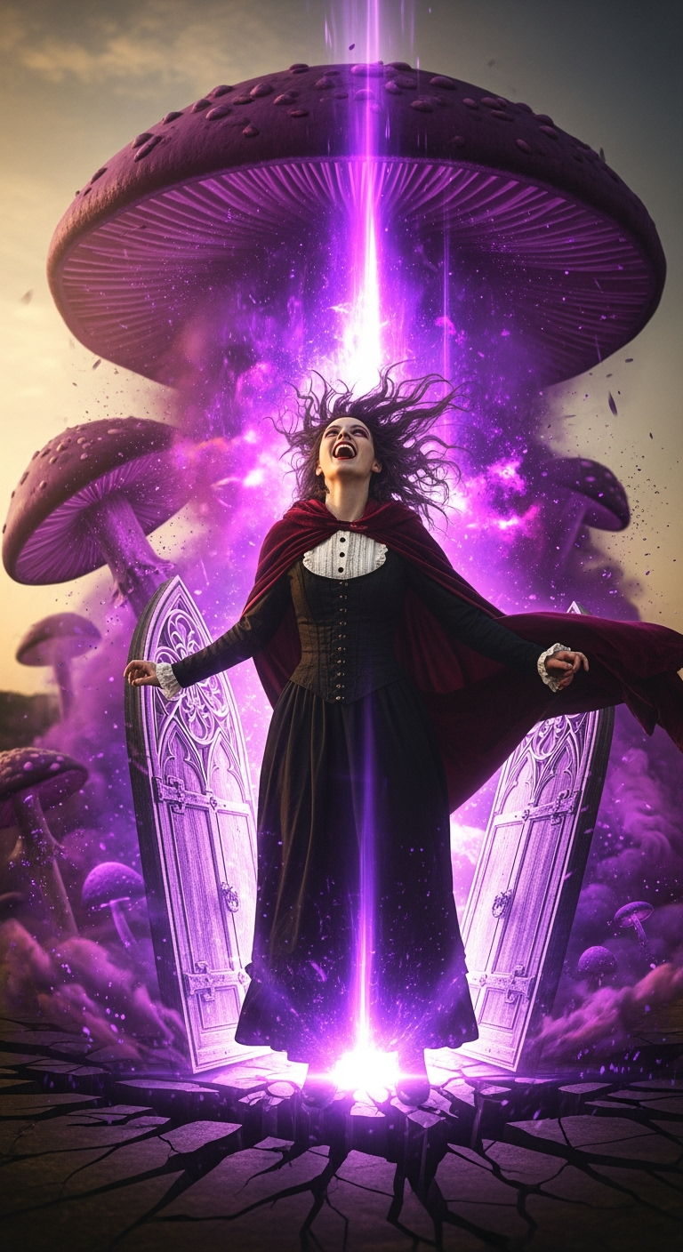 Storyboard 6: Dynamic explosive shot: Mushroom bursts into swirling violet smoke and magical particles, ground cracks open revealing the ornate door, Alic