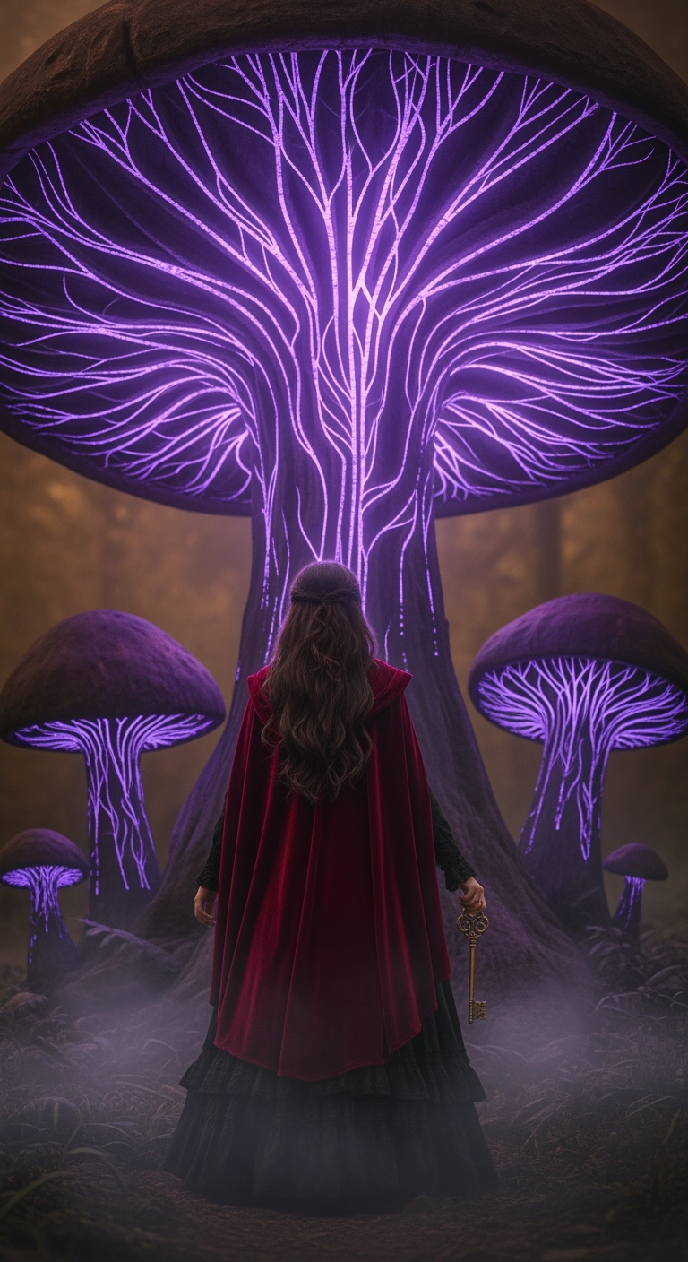 Storyboard 5: Medium shot from behind: Alice approaches and stops before the towering purple bioluminescent mushroom, looking up in awe, purple glow inten