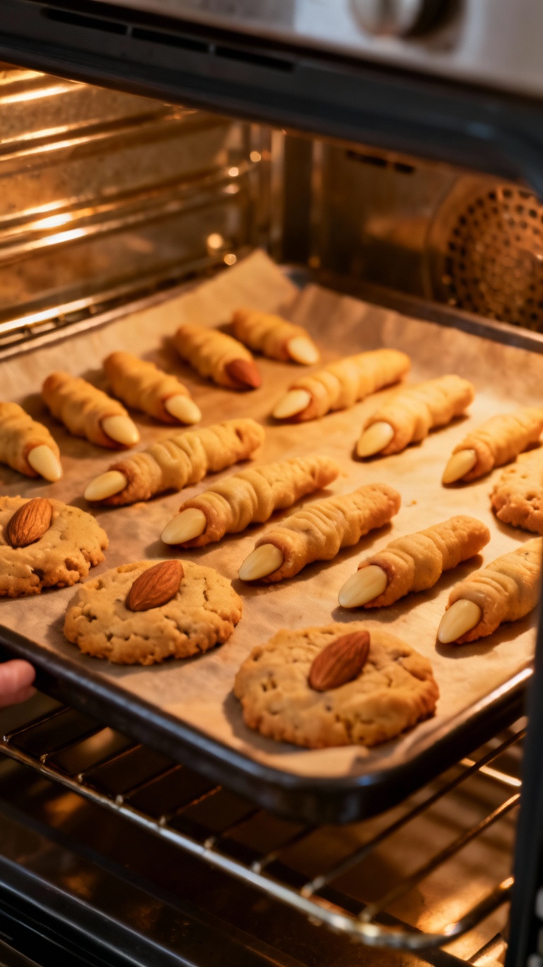 Storyboard 4: Witch finger cookies being placed into preheated oven, warm oven glow, baking process beginning