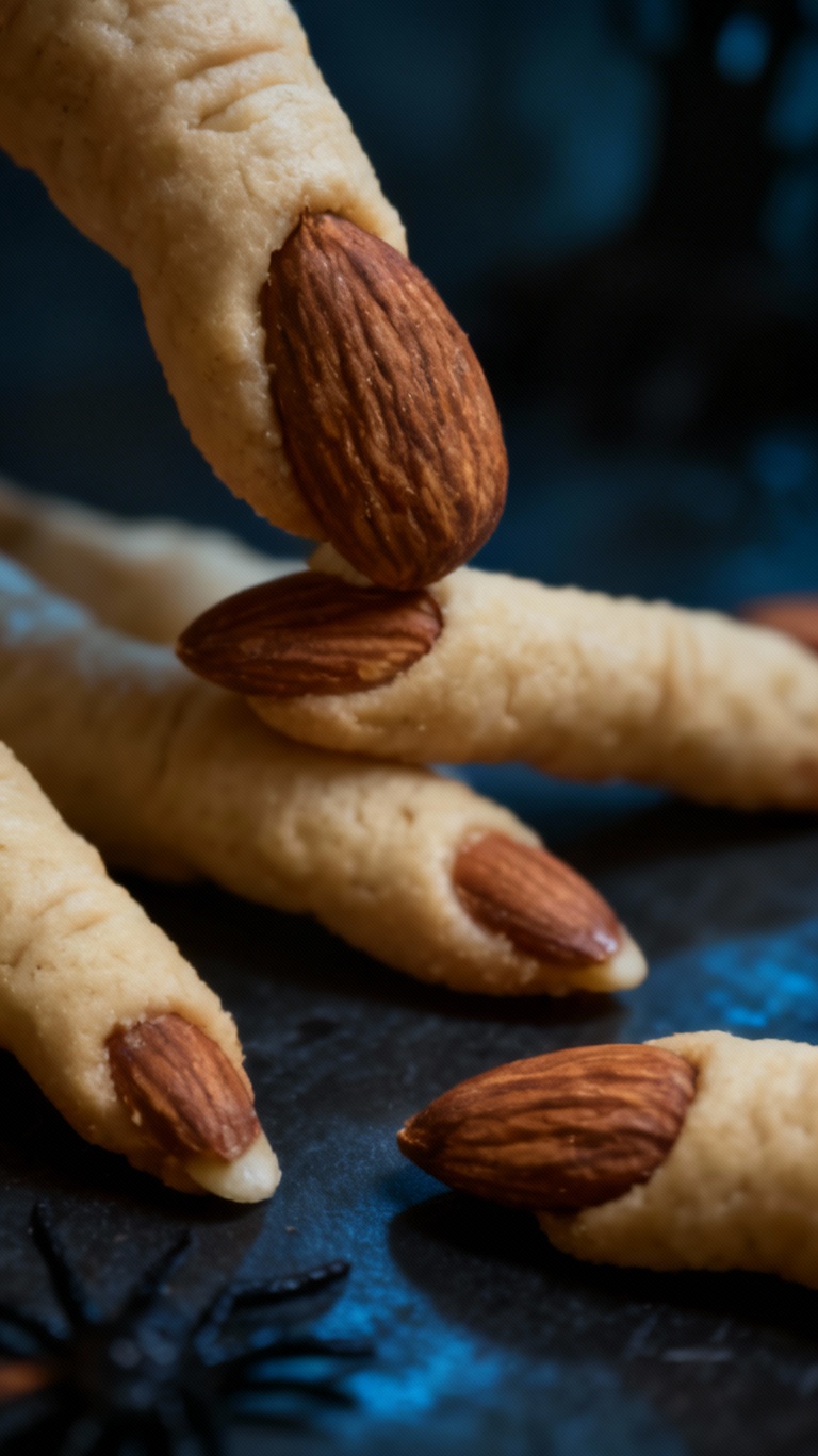 Storyboard 3: Dramatic close-up of almonds being pressed onto cookie finger tips as fingernails, spooky transformation moment