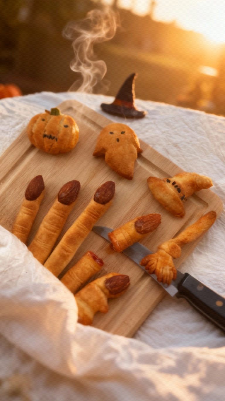 Storyboard 5: Golden-brown baked witch finger cookies with steam rising, perfect Halloween presentation on wooden board