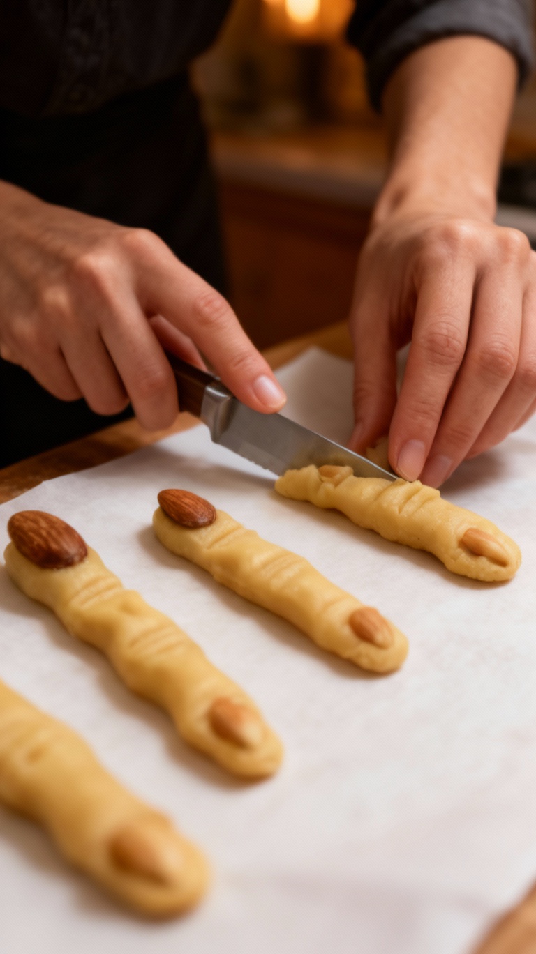 Storyboard 2: Hands skillfully rolling and shaping dough into witch finger forms, knife creating detailed knuckle indentations, crafting process