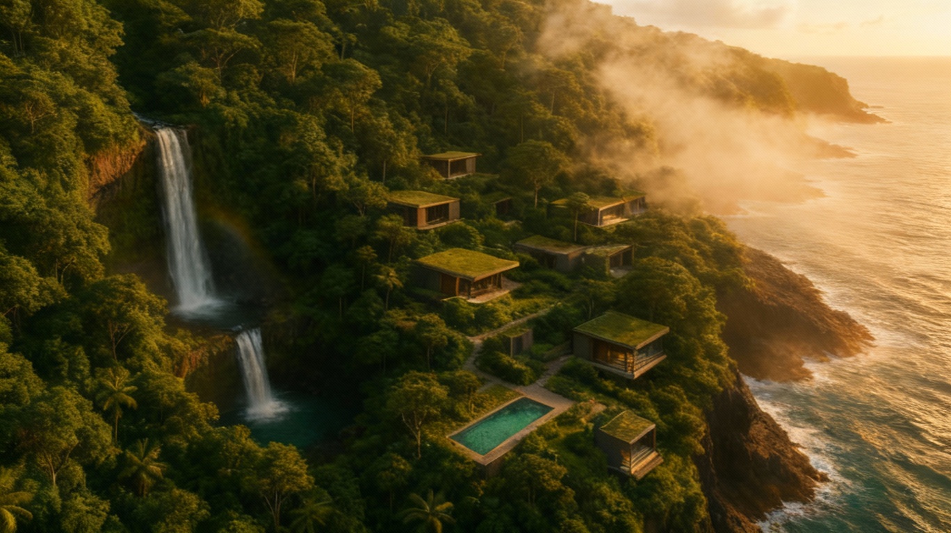 Storyboard 1: Slow cinematic drone movement revealing the breathtaking clifftop resort, morning mist gently rising and dispersing, sunlight gradually illuminating the cascading waterfall and lush forest canopy
