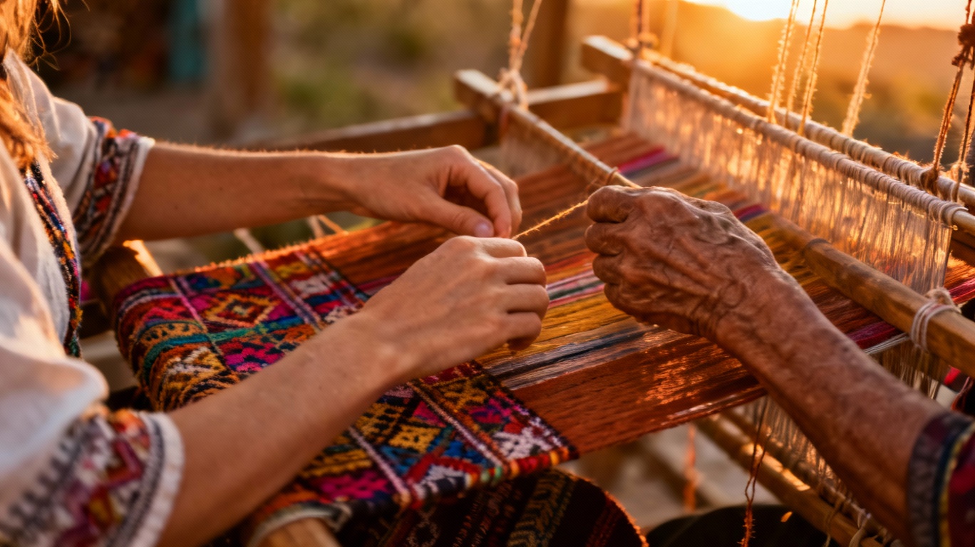 Storyboard 6: Hands working rhythmically on the loom, colorful threads being woven together, golden sunset light gradually intensifying and warming the scene