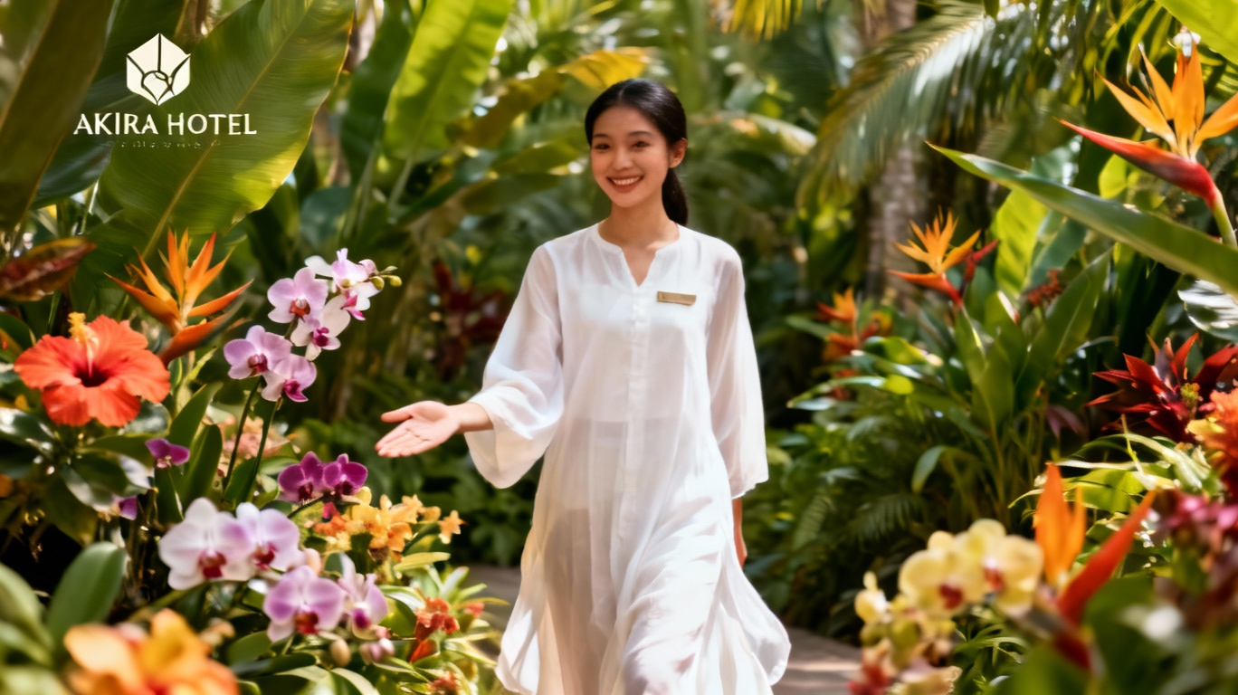 Storyboard 7: Staff member's warm welcoming gesture, tropical flowers gently swaying in breeze, soft natural light creating an inviting atmosphere, elegant logo appearing