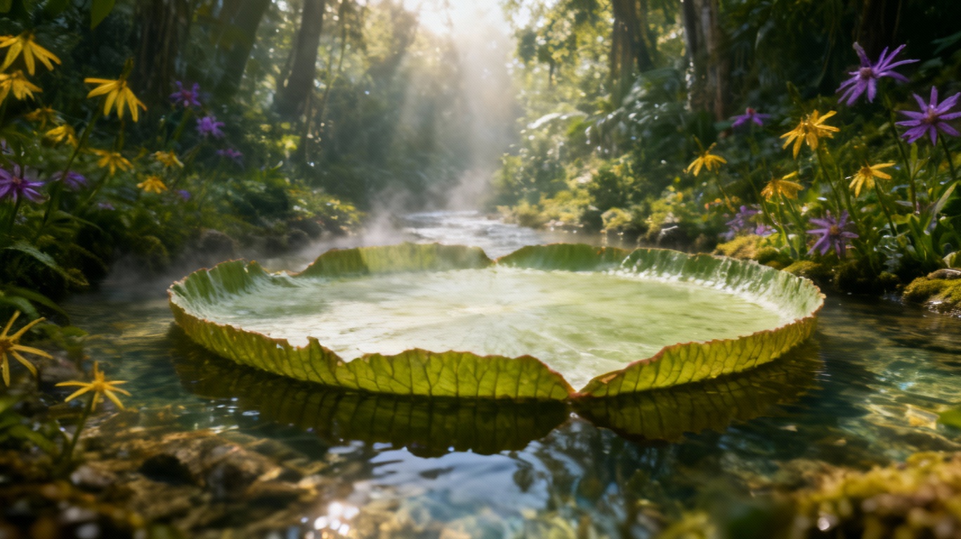 Storyboard 5: Gentle stream flowing around the magnificent water lily, morning mist softly rising from the water surface, delicate wildflowers swaying in filtered sunlight