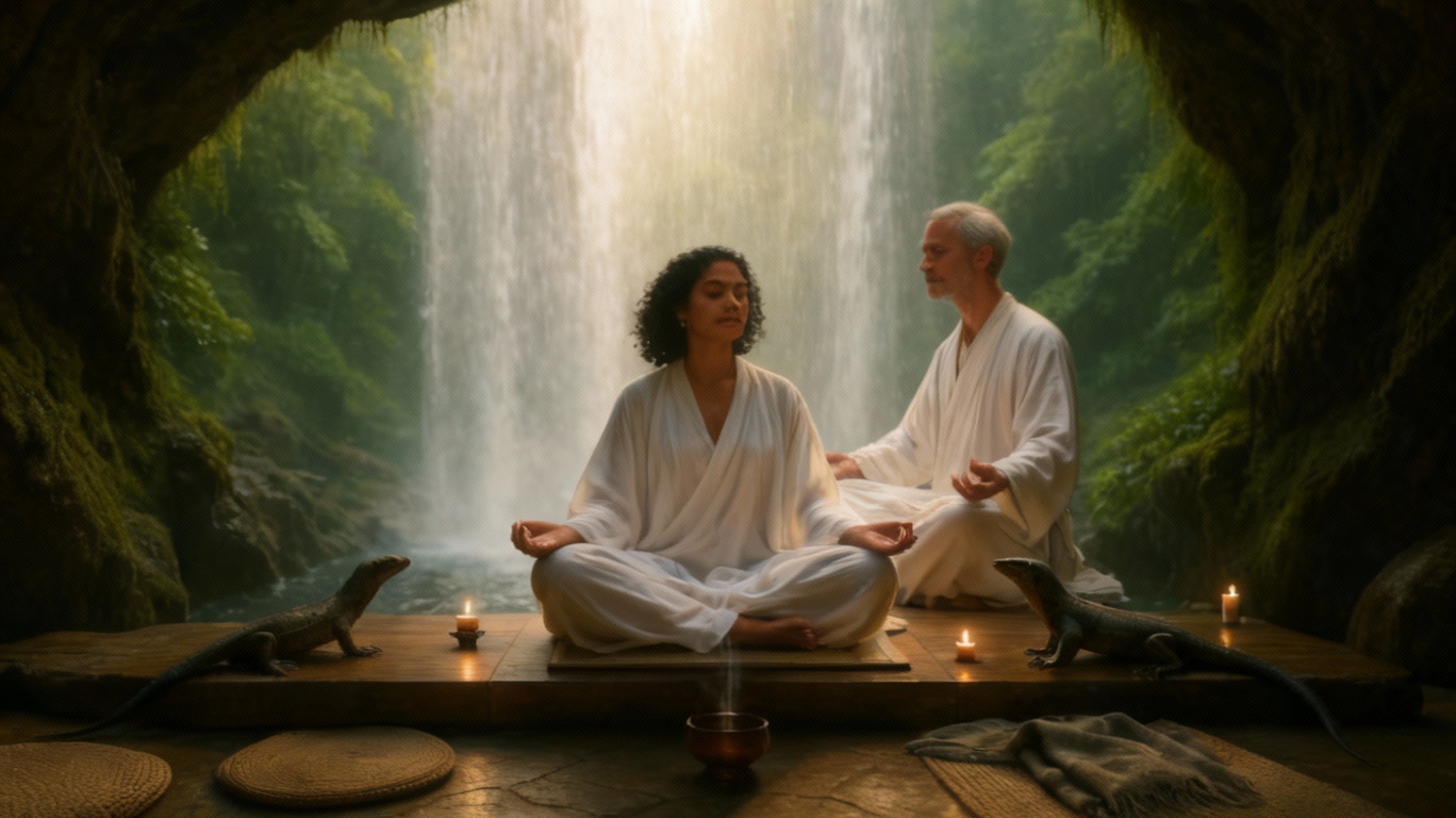 Storyboard 2: Gentle movement of candlelight flames flickering, soft waterfall mist drifting through the cave, the meditation practitioners in peaceful stillness with subtle breathing motion