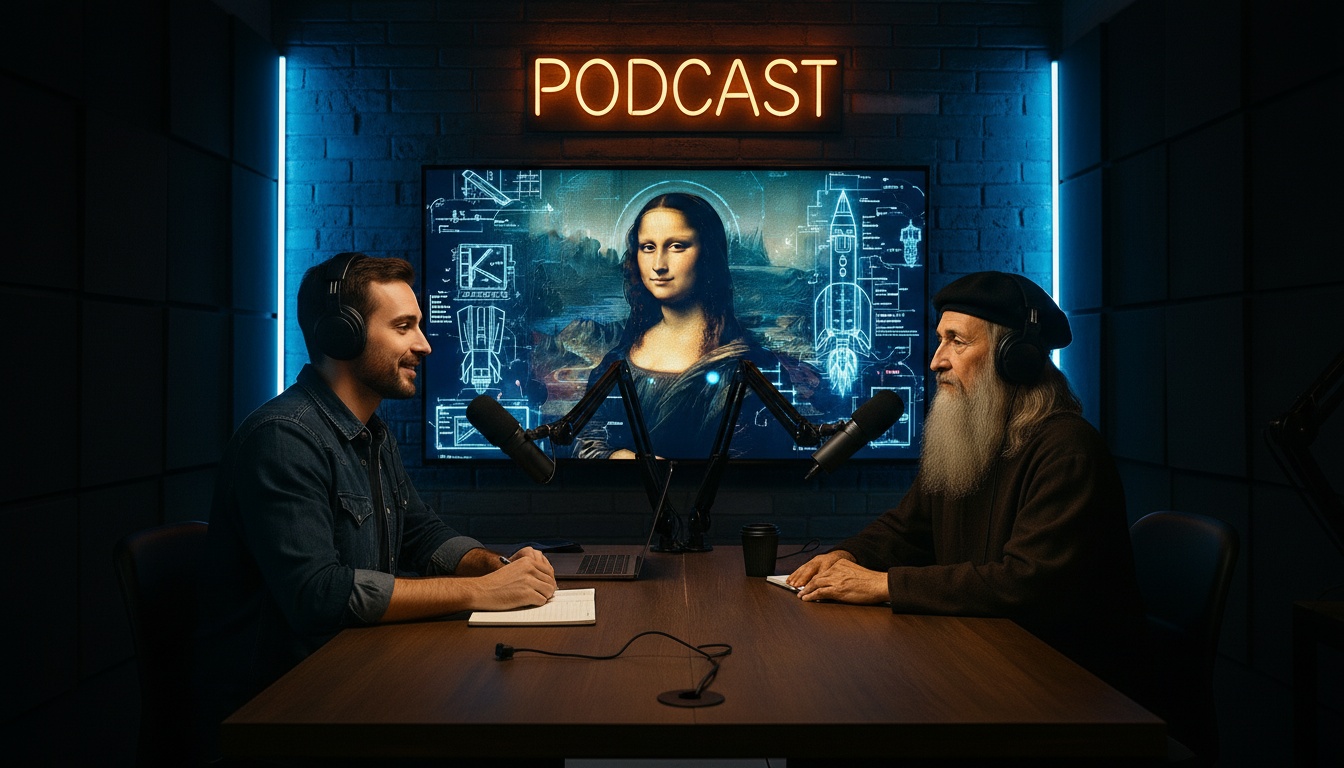 Storyboard 3: Style: Wide cinematic podcast shot with tech elements | Audio: Conversational flow Shot 1 (0-4s): Side angle wide shot - Long view along pod