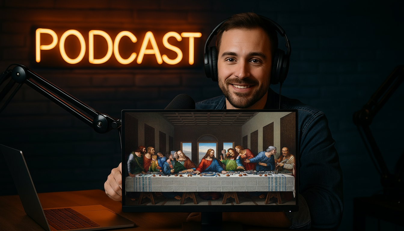 Storyboard 4: Style: Tech-focused podcast segment with artistic elements | Audio: Monitor interaction sounds Shot 1 (0-4s): Medium shot on host - Swivelin