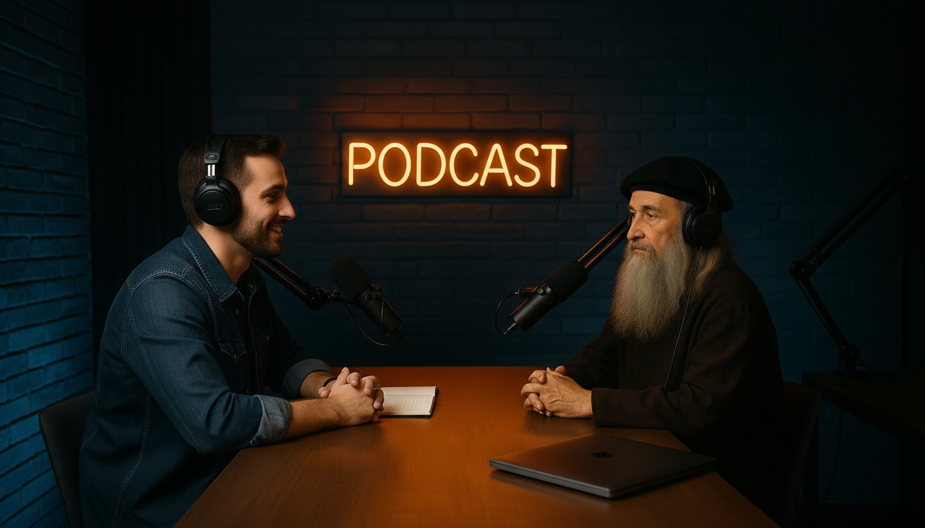 Storyboard 1: Style: Professional podcast studio with cinematic lighting | Audio: Studio ambience with slight echo Shot 1 (0-4s): Wide establishing shot -