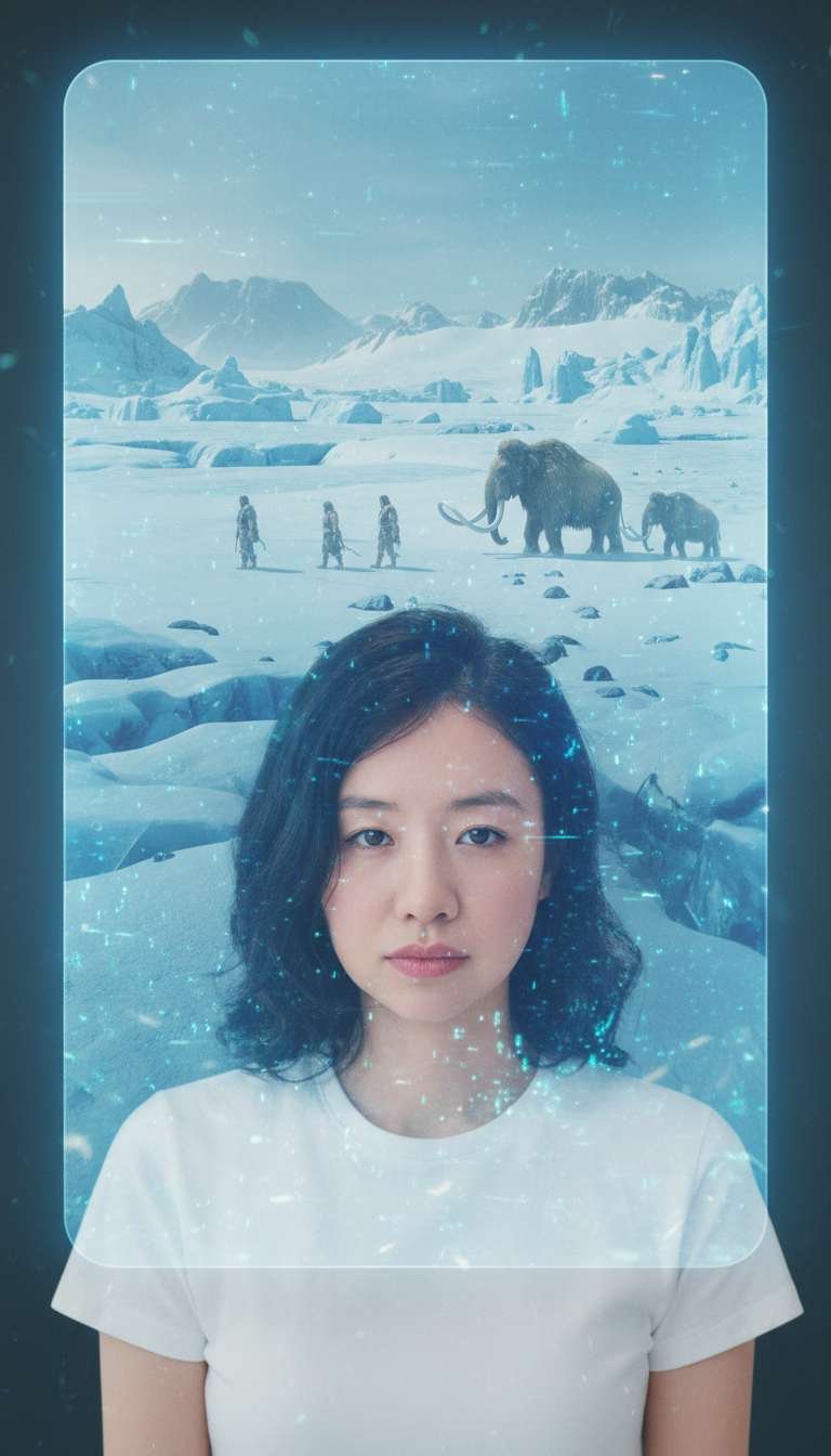 Storyboard 3: Style: Dramatic ice age visualization with speaker integration | Audio: Wind effects and ambient cold Shot 1 (0-4s): Medium close-up, 3/4 an