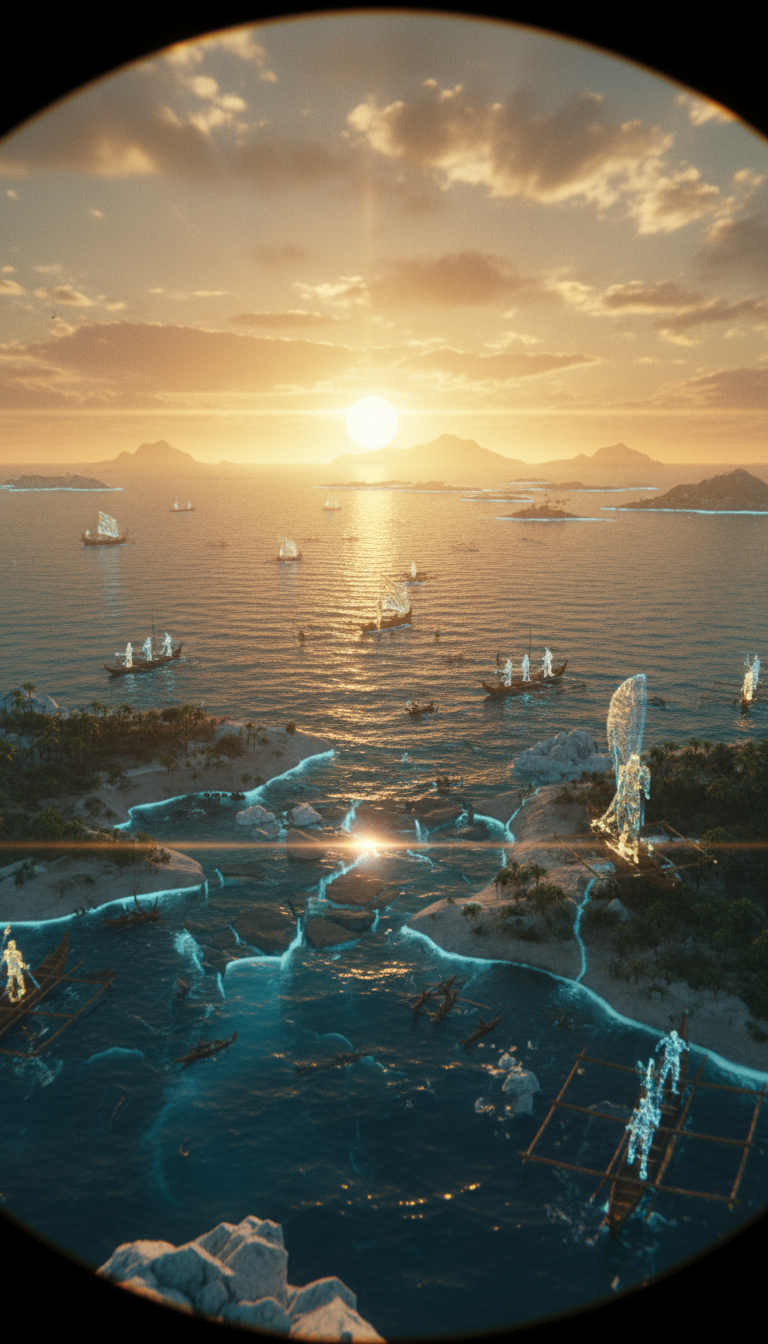 Storyboard 4: Style: Epic oceanic journey with cinematic scope | Audio: Ocean waves and sail wind Shot 1 (0-4s): Wide establishing shot - Holographic land