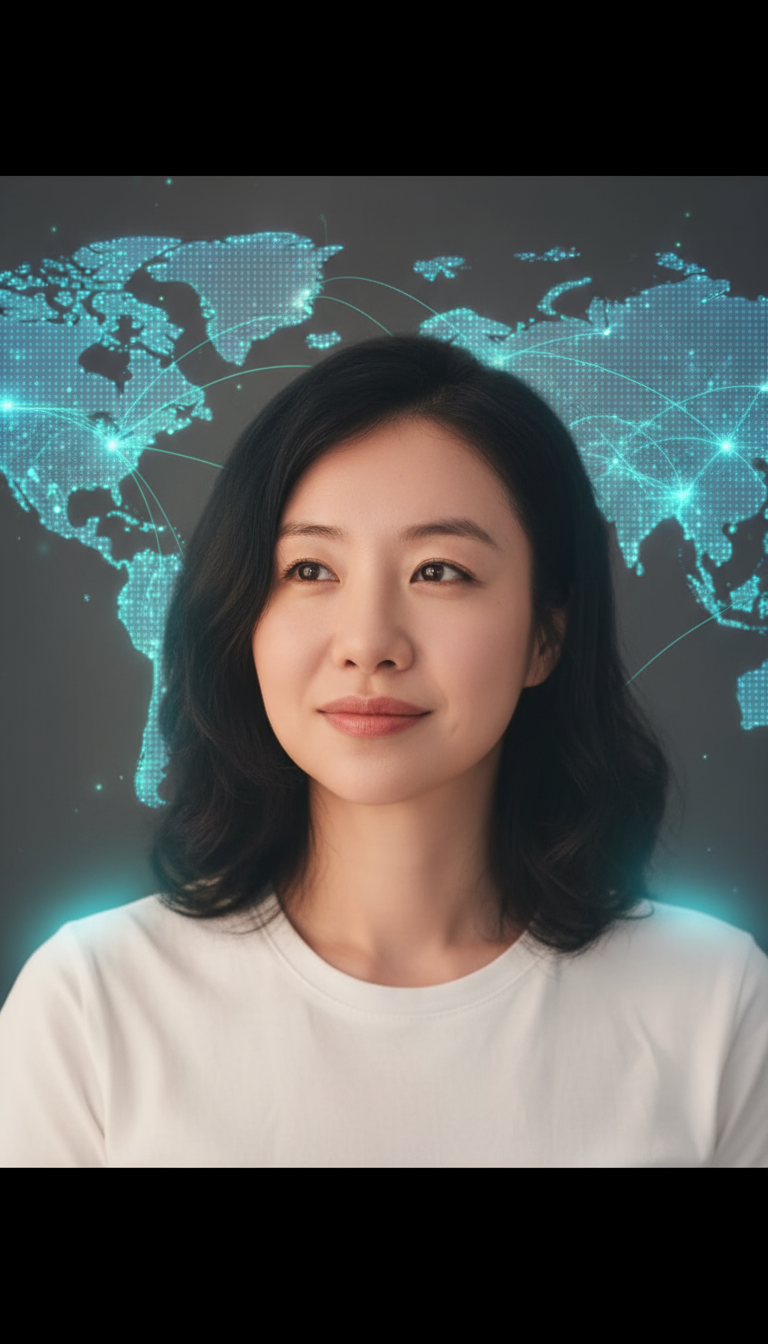 Storyboard 6: Style: Reflective presentation with holographic world ambiance | Audio: Gentle ambient background Shot 1 (0-4s): Medium close-up, front angl