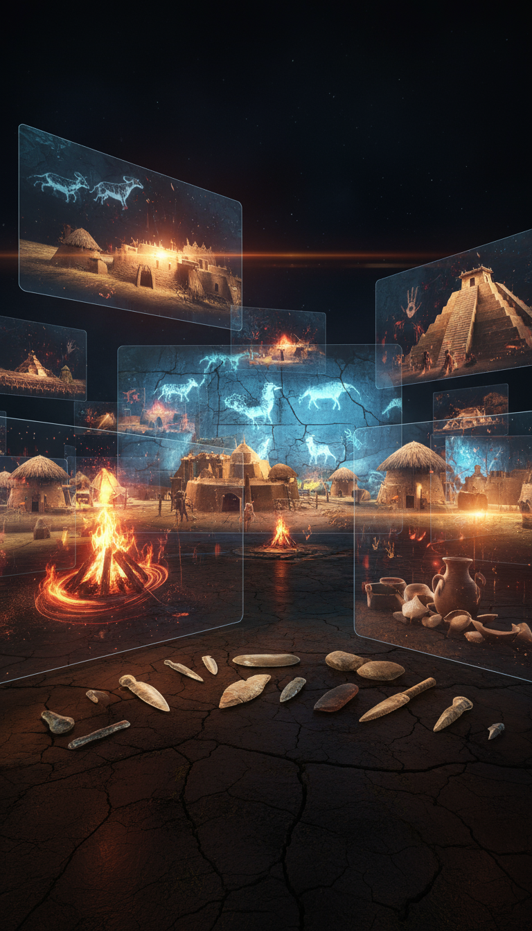 Storyboard 7: Style: Dynamic historical montage with cinematic depth | Audio: Cultural montage sounds and modern connectivity Shot 1 (0-4s): Wide cinemati