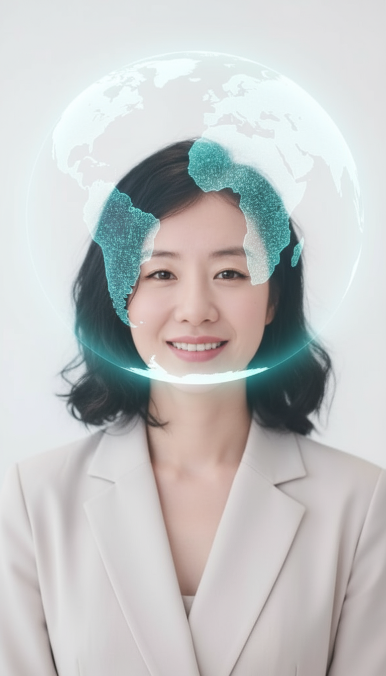 Storyboard 8: Style: Inspirational conclusion with elegant world hologram | Audio: Clean professional presentation Shot 1 (0-4s): Medium close-up, front a