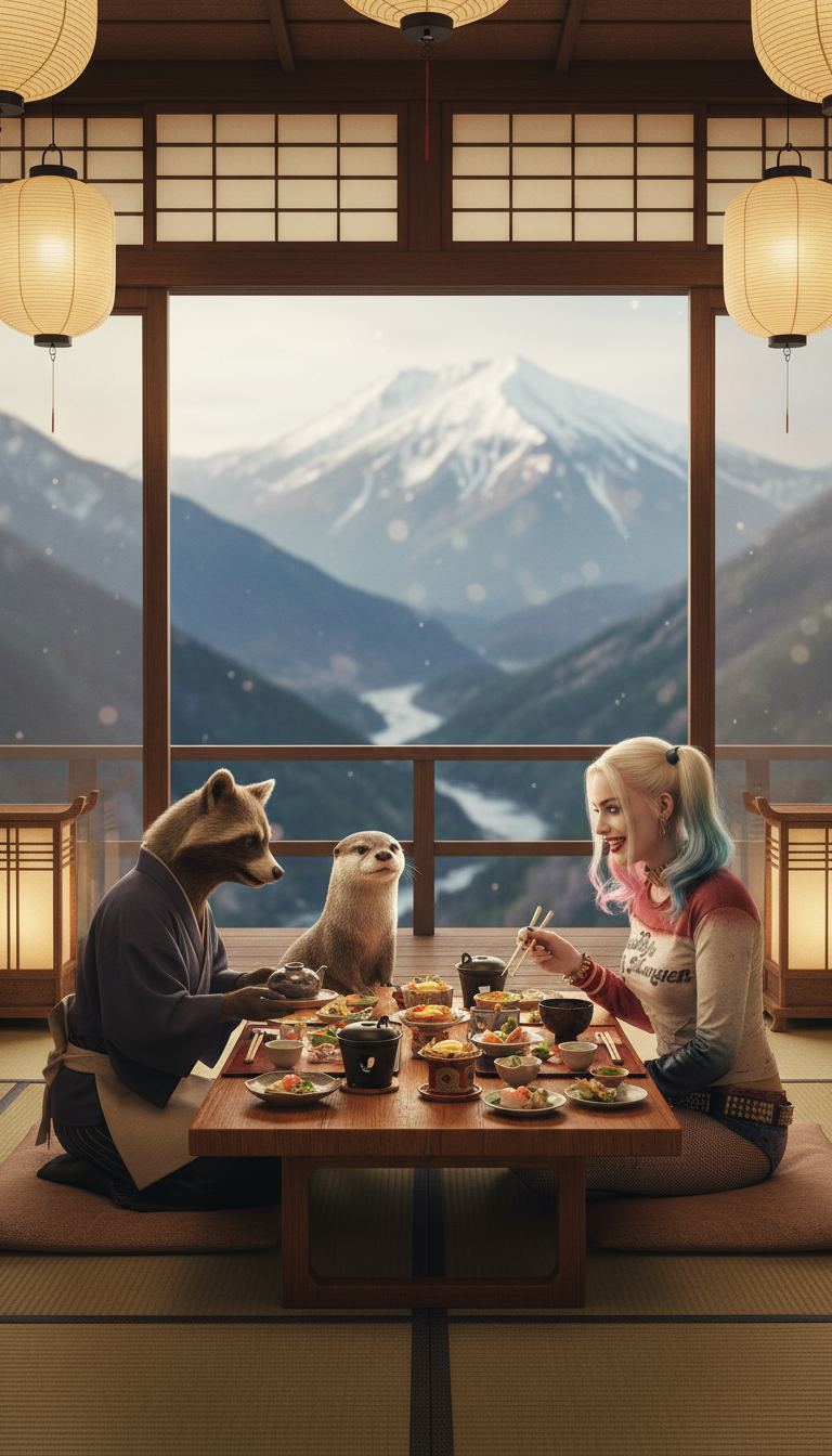 Storyboard 3: Style: Warm traditional dining atmosphere with scenic mountain views | Audio: Soft dining ambiance and traditional shamisen music Shot 1 (0-