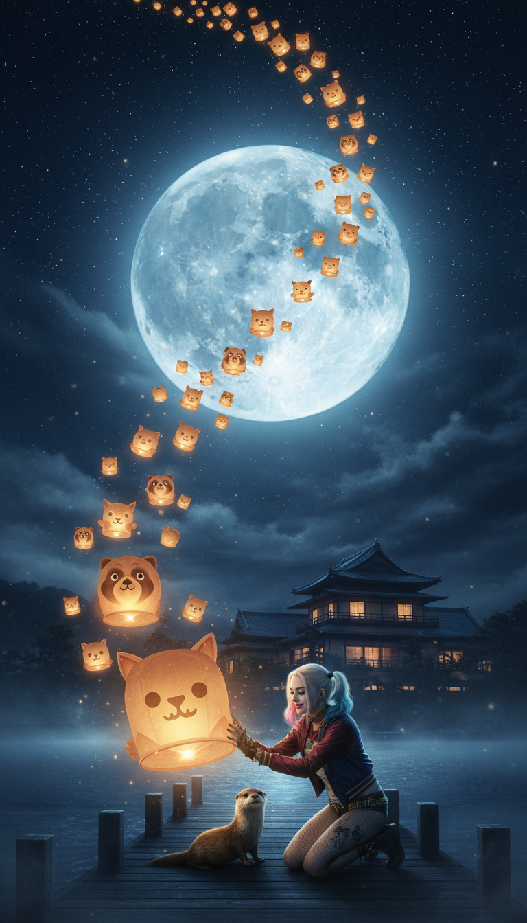 Storyboard 4: Style: Magical moonlit atmosphere with mystical floating lanterns | Audio: Gentle night breeze and soft wind sounds Shot 1 (0-4s): Medium sh